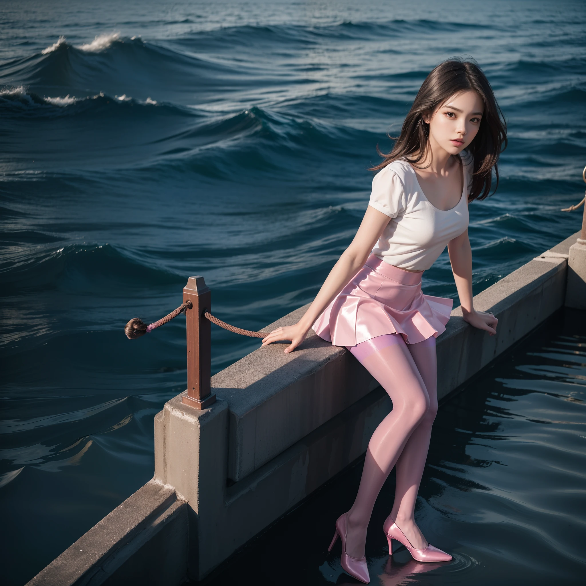 (full body:1.5),((1girl):1.4),(view the viewer:1.4),(anatomy correct:1.3),(Sitting on the sea:1.2),(A pink and blue Elastic skirt :1.2),((Pantyhose):1.3),( girl pointed thick heels :1.1),(Accurate and perfect face:1.3),hyper HD, Ray traching, reflective light, structurally correct, Award-Awarded, high detail, lighten shade contrast, Face lighting ,cinematic lighting, masterpiece, super detailing, high quality, high detail, best quality, 16k,High contrast,
