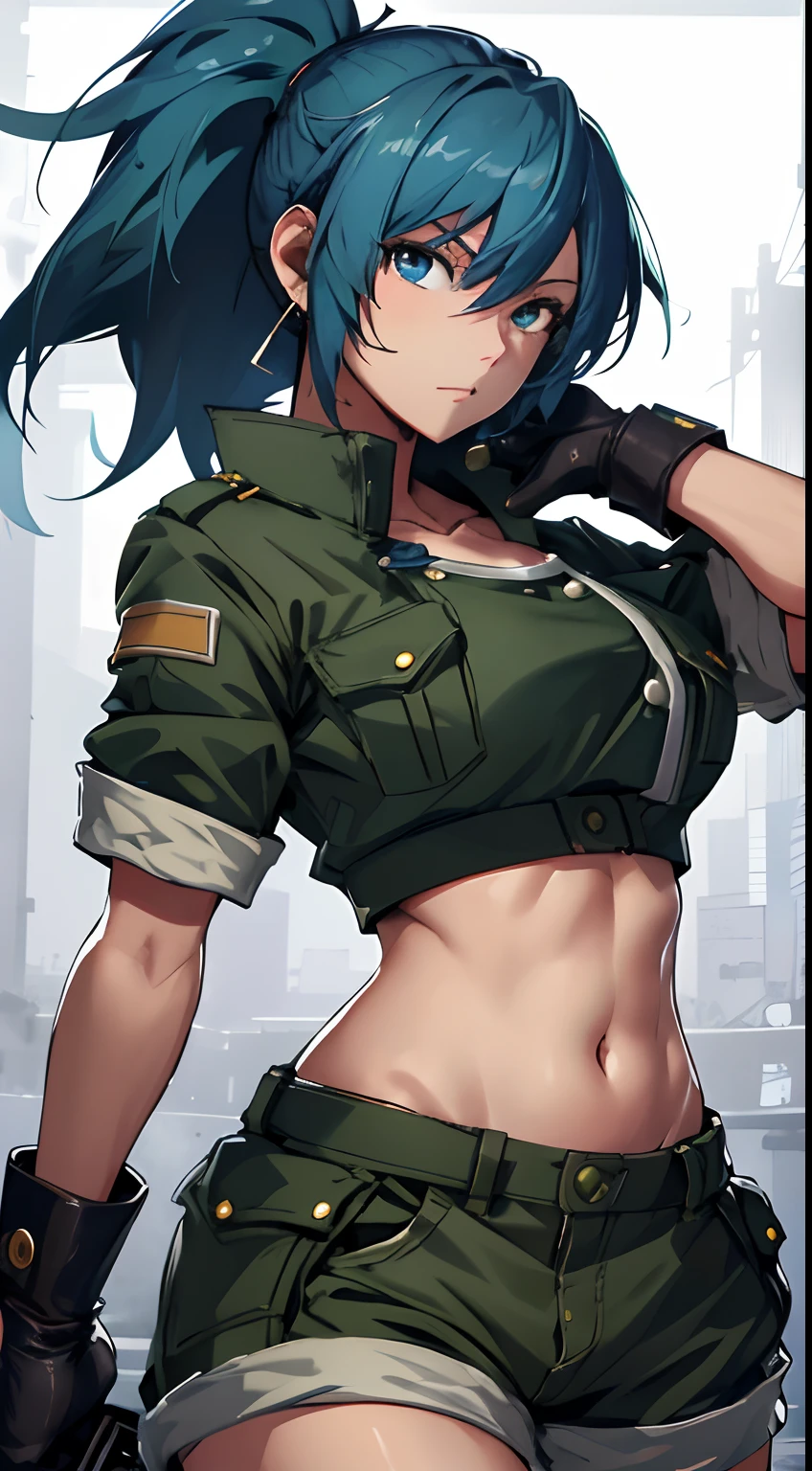 masterpiece,, best quality, highres, 1girl, leona heidern, blue hair, blue eyes, ponytail, green shorts, midriff, crop top, black gloves, breasts, military uniform, green jacket, earrings, jewelry, navel, large breasts, cowboy shot, fighting pose, ready to strike