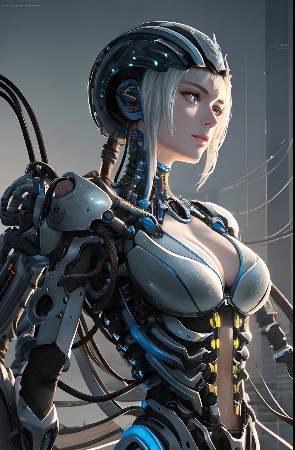 1mechanical girl,((ultra realistic details)), portrait, global illumination, shadows, octane render, 8k, ultra sharp,metal,intricate, ornaments detailed, cold colors, egypician detail, highly intricate details, realistic light, trending on cgsociety, glowing eyes, facing camera, neon details, machanical limbs,blood vessels connected to tubes,mechanical vertebra attaching to back,mechanical cervial attaching to neck,sitting,wires and cables connecting to head