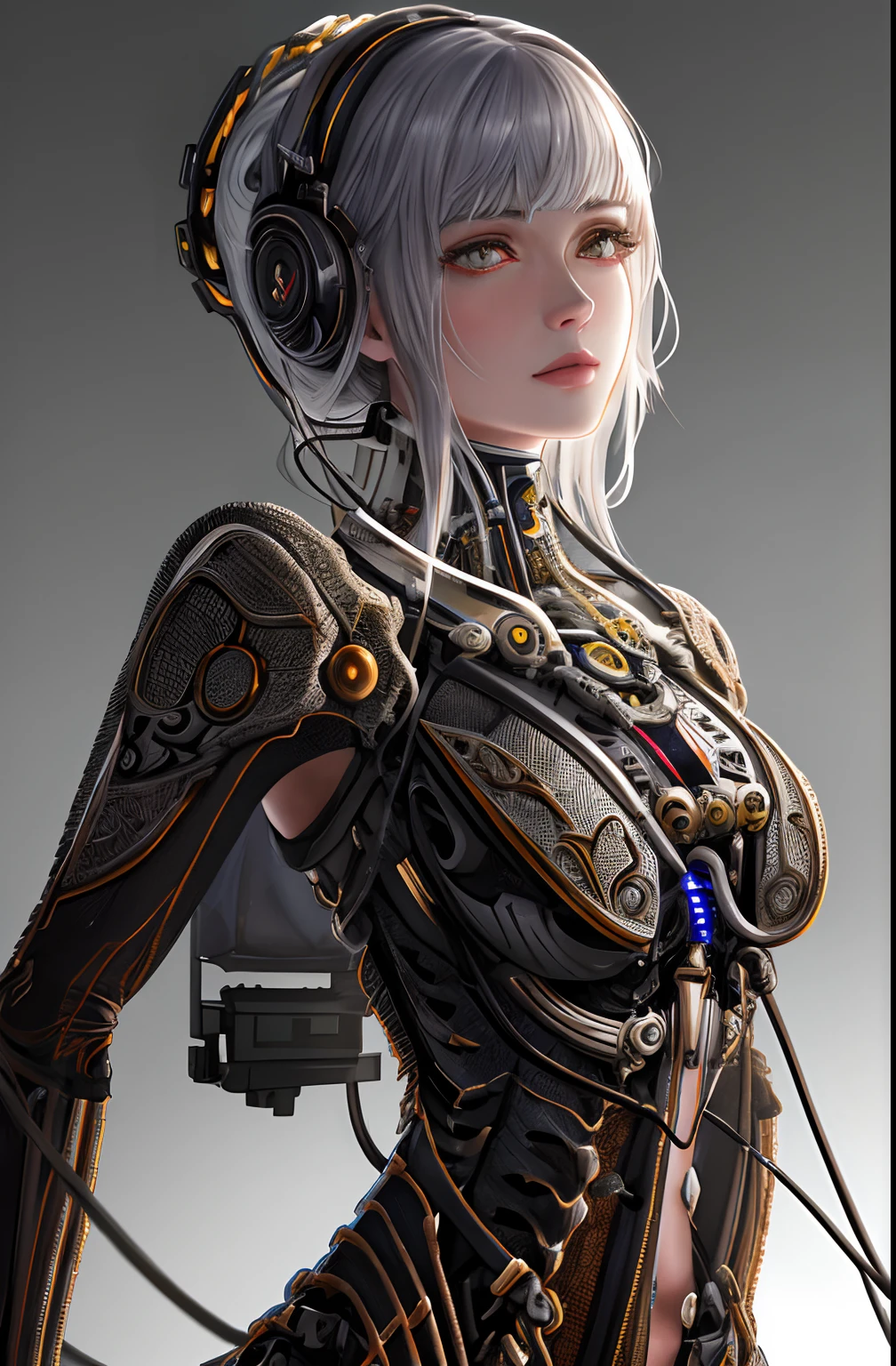 1mechanical girl,((ultra realistic details)), portrait, global illumination, shadows, octane render, 8k, ultra sharp,metal,intricate, ornaments detailed, cold colors, egypician detail, highly intricate details, realistic light, trending on cgsociety, glowing eyes, facing camera, neon details, machanical limbs,blood vessels connected to tubes,mechanical vertebra attaching to back,mechanical cervial attaching to neck,sitting,wires and cables connecting to head