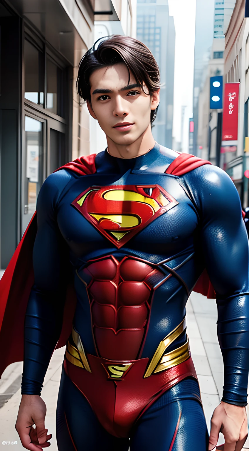 ((Men only)), (head shot), (face only), (handsome muscular man in his 20s), (superman), (Superman, a fictional superhero, is characterized by his chiseled physique, blue eyes, dark hair, and iconic red and blue costume with a bold "S" emblem on his chest), (Mischievous smile), (detaile: 1 in 1), Natural muscles, HIG quality, beautidful eyes, (Detailed face and eyes), (Face、: 1 / 2), Noise, Real Photographics、... .................................................................................................................PSD, Sharp Focus, High resolution 8K, realisitic & Professional Photography, 8K UHD, Soft lighting, High quality, Film grain, FujifilmXT3