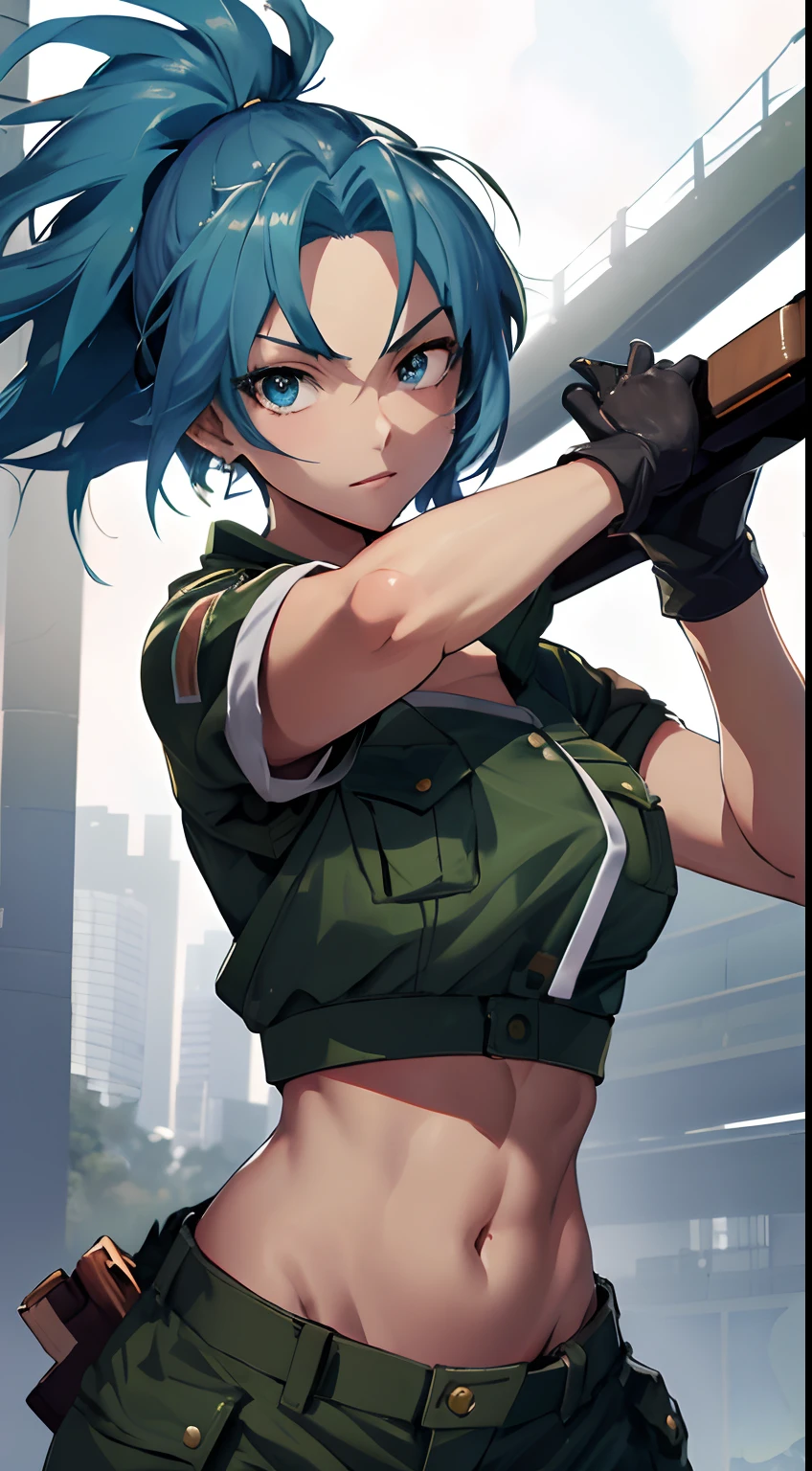 masterpiece,, best quality, highres, 1girl, leona heidern, blue hair, blue eyes, ponytail, green shorts, midriff, crop top, black gloves, breasts, military uniform, green jacket, earrings, jewelry, navel, large breasts, cowboy shot,