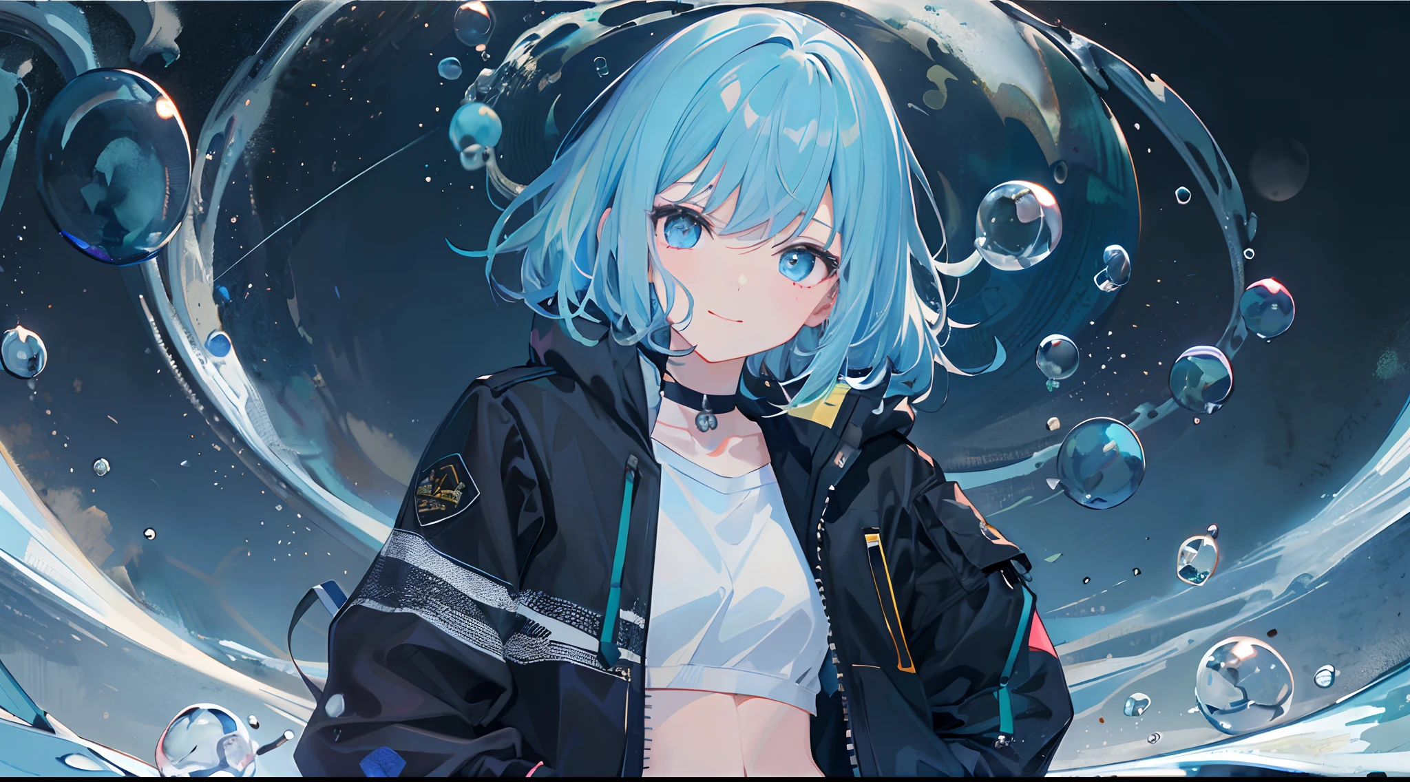((top-quality)), ((masterpiece)), ((ultra-detailliert)), (extremely delicate and beautiful), girl with, 独奏, cold attitude,((Black jacket)),She is very(relax)with the(Settled down)Looks,A dark-haired, depth of fields,evil smile,Bubble, under the water, Air bubble,bright light blue eyes,Inner color with black hair and light blue tips,Cold background,Bob Hair - Linear Art, shortpants、knee high socks、Camisole inner shirt、Hands in pockets