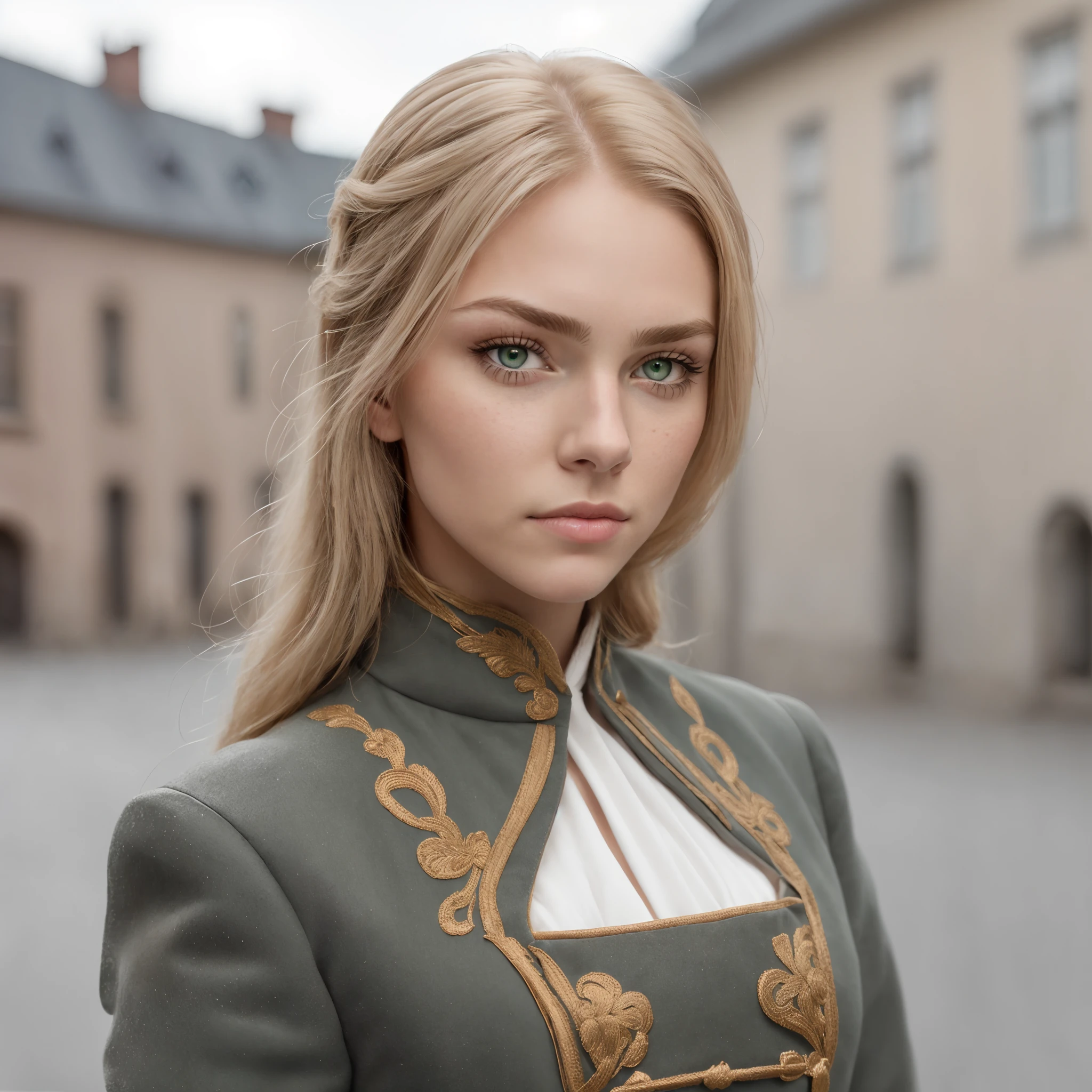 Slavic face: Green eyes; blond hair; sharp facial features; dimple on the chin; Straight nose; high nose; pronounced high cheekbones; Thinning nose, Masterpiece Facial Quality, Maximum facial quality, Maximum quality of face shadow, Maximum eye detail.