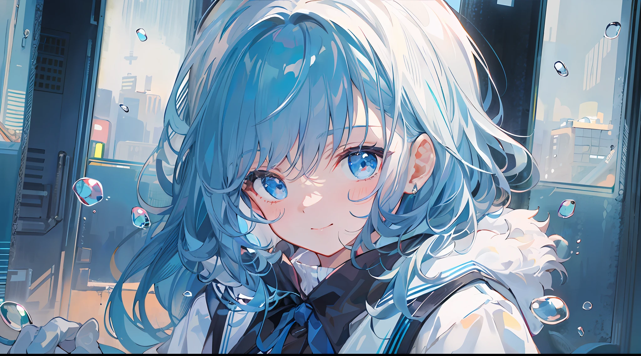((top-quality)), ((​masterpiece)), ((ultra-detailliert)), (extremely delicate and beautiful), girl with, 独奏, cold attitude,((Black jacket)),She is very(relax)with  the(Settled down)Looks,A dark-haired, depth of fields,evil smile,Bubble, under the water, Air bubble,bright light blue eyes,Inner color with light blue hair and dark blue tips,Cold background,Bob Hair - Linear Art, shortpants、knee high socks、White uniform like school uniform、Light blue ribbon ties、Clothes are sheer、Hands in pockets
