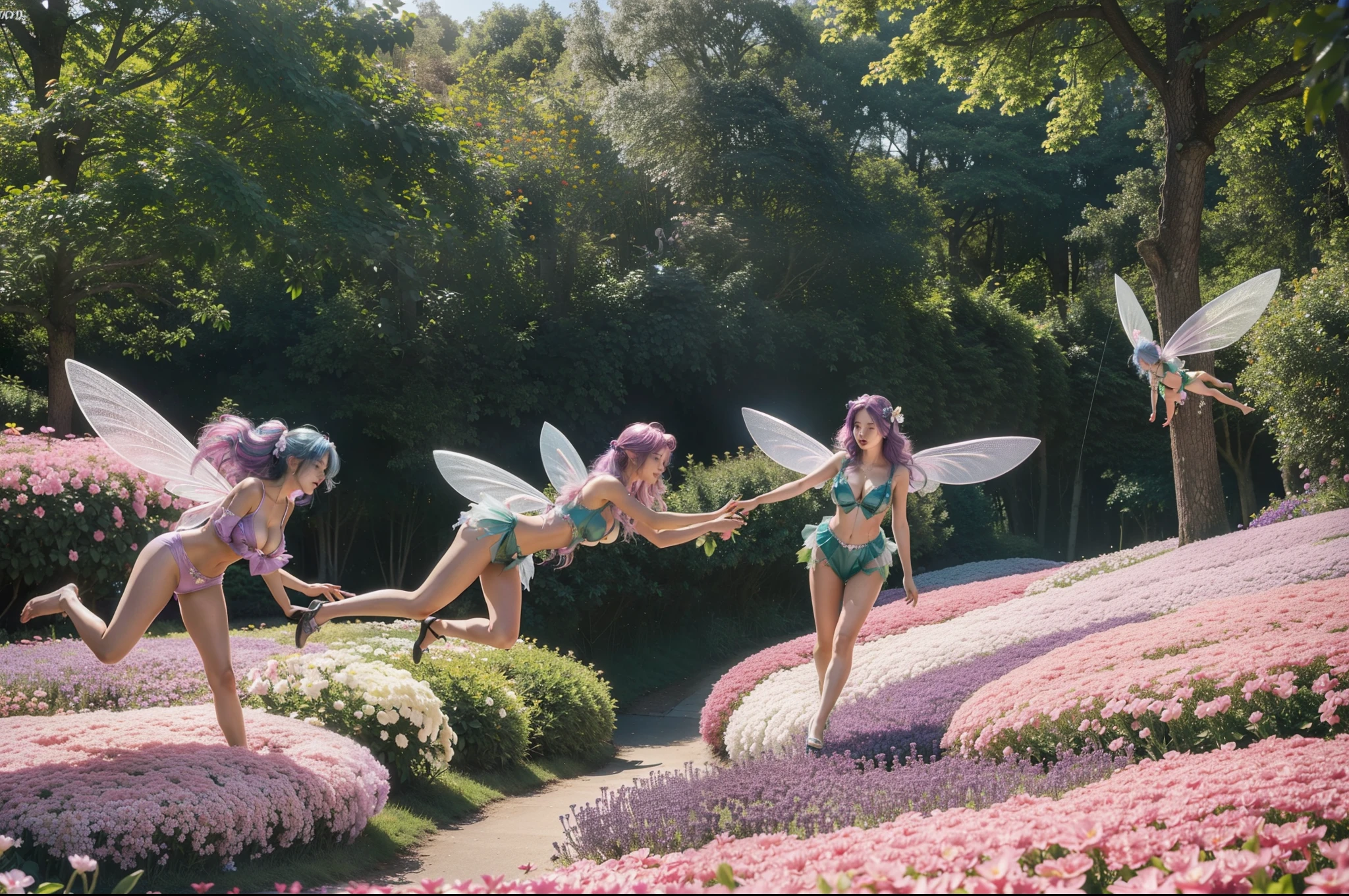 photo of 3 mature Flower fairies wearing latex club costumes, flying by fairies wings, in flower gardens, daylight, deep shadow, photorealistic, realism, real, masterpiece, best quality, real skin feeling, blonde hair, blue hair, black hair, brown hair, pink hair, silver hair, purple hair, grey hair, red hair, green hair, huge breasts deep cleavage