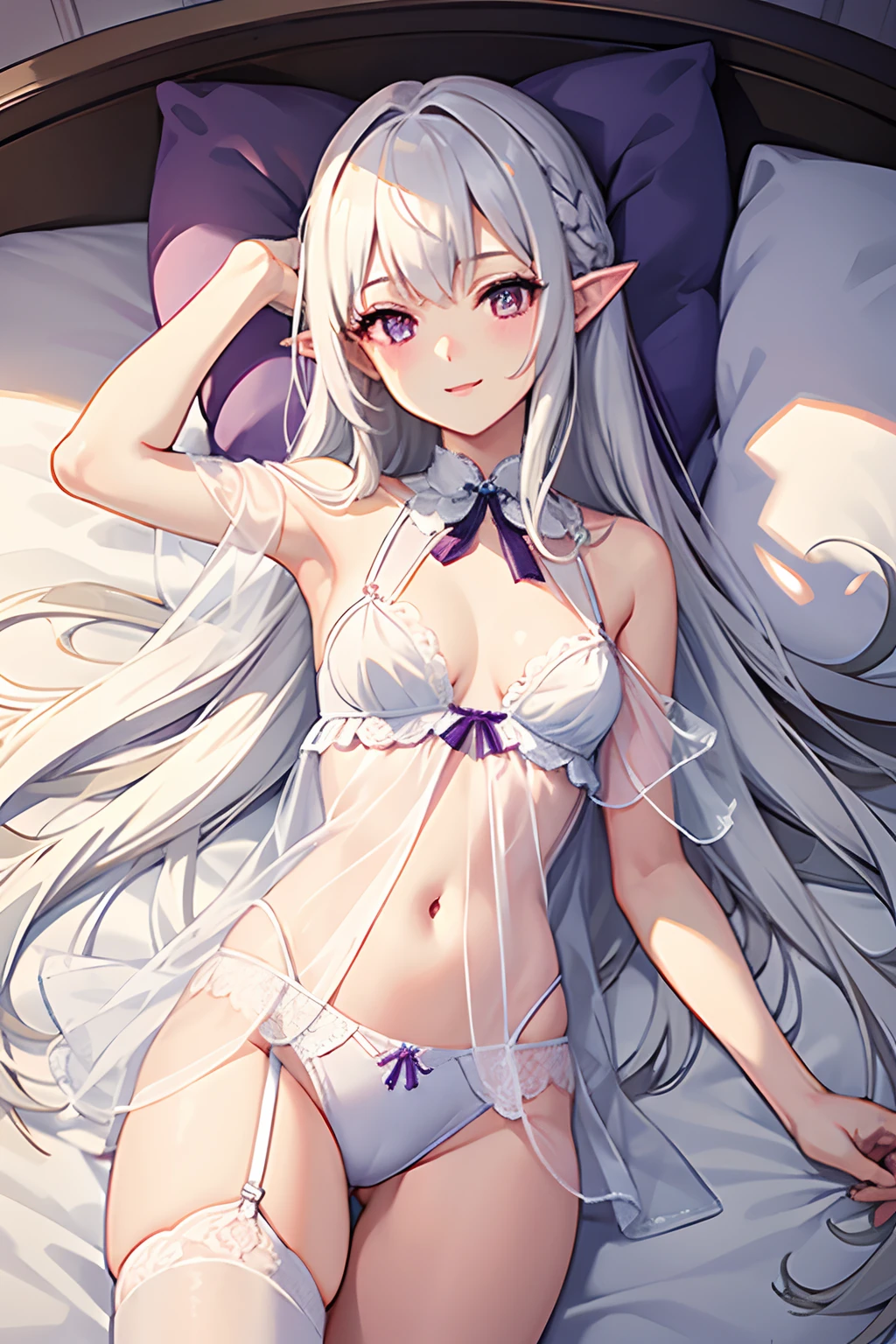 1girl, ((medium-small breasts)), (lying on bed), head on pillow, smile, light blush, (thin eyebrows:-1), ((straight hair)), (hair intakes:1), white hair, (very long hair), purple eyes, (see-through lingerie), (pointy ears), romantic vibe, ((vintage)), (from above:1.2), masterpiece,