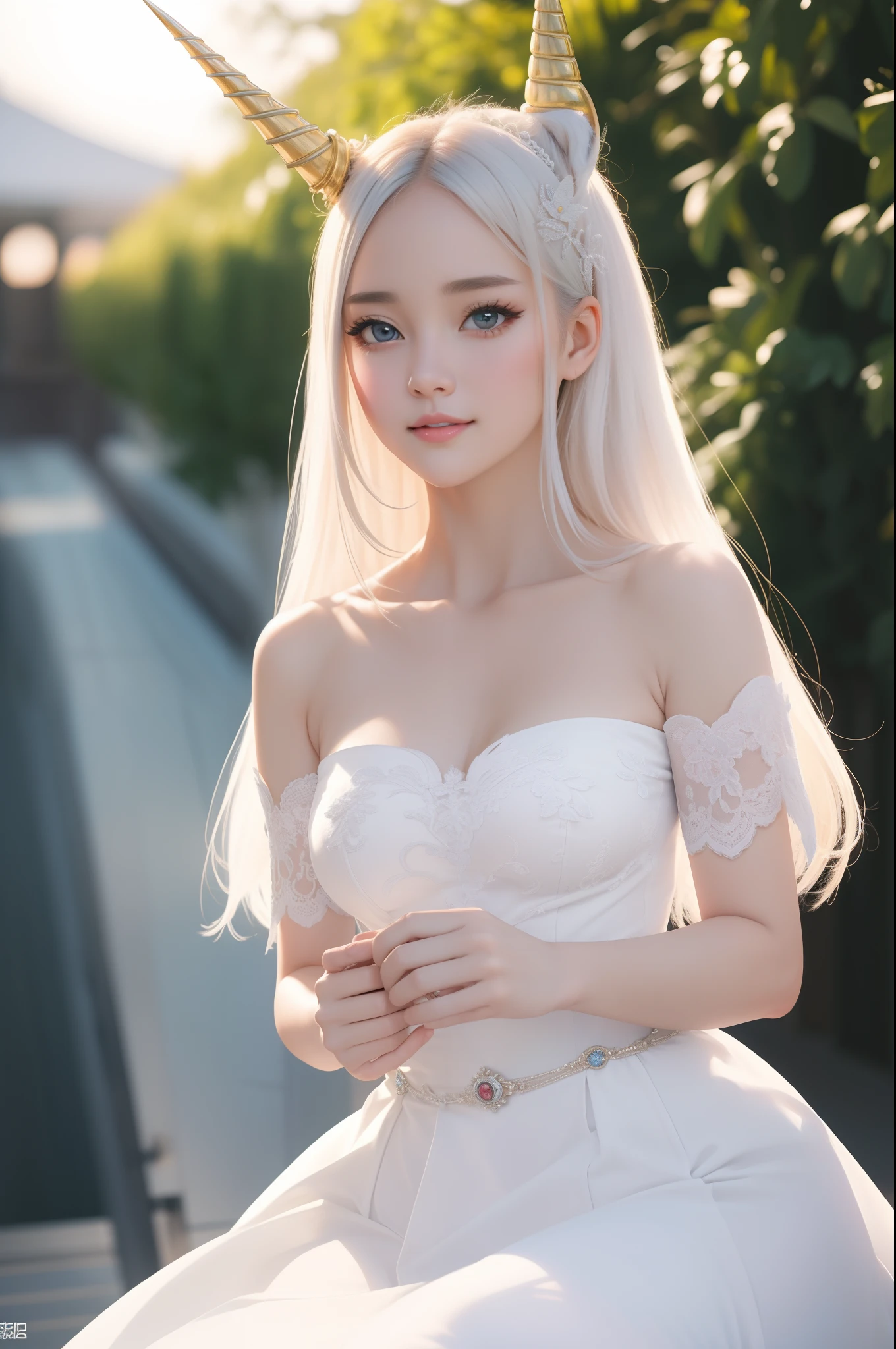 ((top-quality、masterpiece、photographrealistic:1.4、8K))、1 beautiful detailed girl and big white unicorn、extremely detailed eye and face、beatiful detailed eyes、(Complex and elegant dress in the style of medieval Europe、Princess)、Luxury Accessories、Elegant smile、natta、(Princess gracefully straddling white unicorn。Hair swaying in the wind and dresses complement her noble vibe。)、Cinematic lighting、Textured skin、Super Detail、high detailing、High quality、hight resolution、(looking at the viewers)