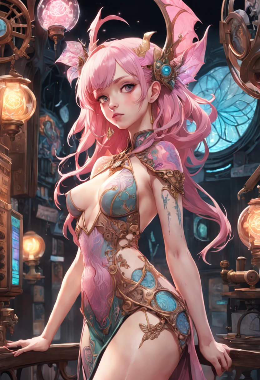 Tattoo futuristic Latin fairy, full body length standing of a photorealistic beautiful woman, character sheets, proportionate, intense coloration fantasy, Light hair, a stunning realistic photograph 20 years , bubblegum pink colored hair, upper class fashion, greene eyes, full bodyesbian, cover, The dress design has a fractal elf dust and tiling feature, Hyperdetailed painting, Luminism, rendering by octane, Bar lighting,  complex, {{Martin Ansin}}, 8k resolution concept art portrait by Martina Fačková and Prywinko Art, Art germ, Phlegm sputum, phlegm, Alphonse Mucha, little fusion pojatti realistic  steampunk, fractal isometrics details bioluminescens :  hypereallistic cover photo awesome full color, handpainted, Dark, grittiness, Realistic Mucha, Klimt, davinci, erte .12K, Intricate. hit definition , Cinematic,Rough sketch, the mix of bold dark lines and loose lines, Bold lines, On paper , human beings in real life, Bold colors on dresses,