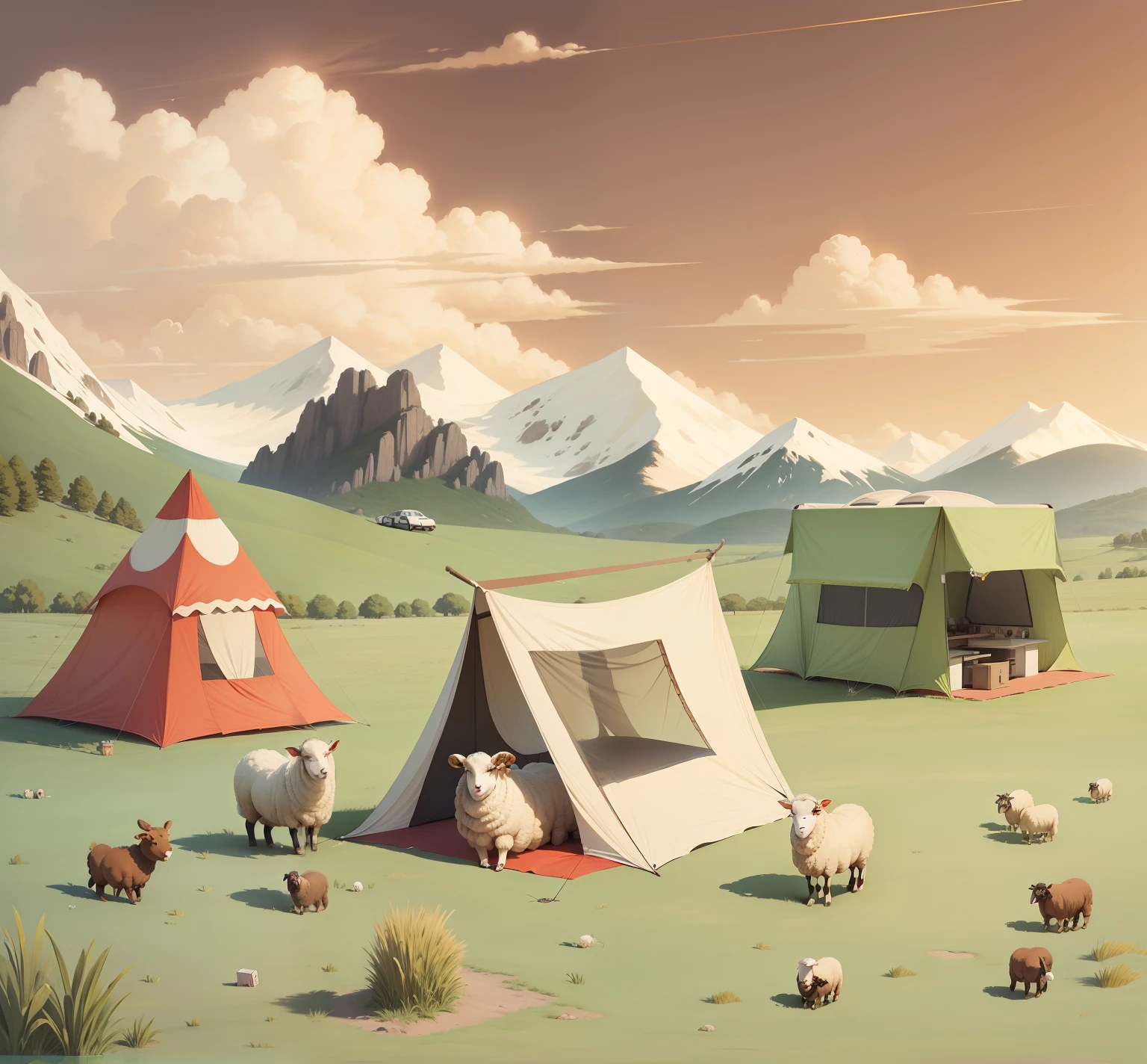 Sheep play at the campsite. One of them is happily flying the kite. two of them are BBQ. ligne claire style, anime style sheep.
