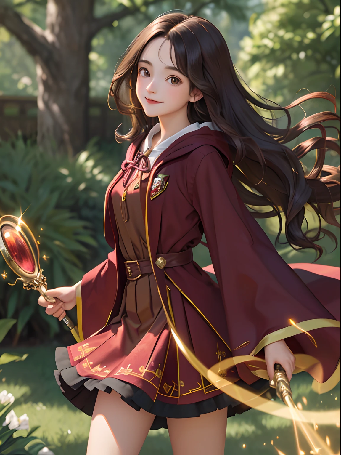 ((masterpiece:1.2), (best quality:1.2), looking at viewer, bare and fair skin,Wizarding world, shimmer reflected on hair, long hair fluttering in the wind, (wavy long hair), hair middle part, energetic , smily, happy , 15 year old eauropean girl, dark brunette hair, Brown eyes, victorian simple dress, gryffindor, red color, active young girl holding wand, medium B cup breast, charming young lady, Gryffindor robe, harry potter style.