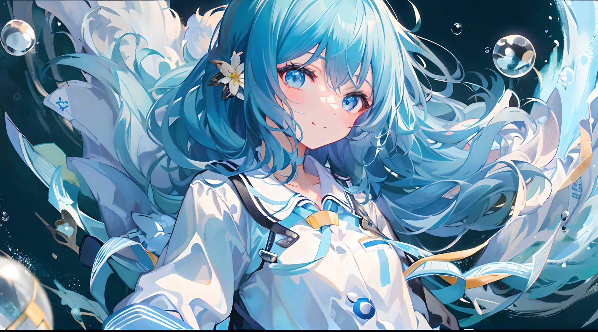 ((top-quality)), ((​masterpiece)), ((ultra-detailliert)), (extremely delicate and beautiful), girl with, 独奏, cold attitude,((Black jacket)),She is very(relax)with  the(Settled down)Looks,A dark-haired, depth of fields,evil smile,Bubble, under the water, Air bubble,bright light blue eyes,Inner color with light blue hair and dark blue tips,Cold background,Bob Hair - Linear Art, shortpants、knee high socks、White uniform like school uniform、Light blue ribbon ties、Clothes are sheer、Hands in pockets