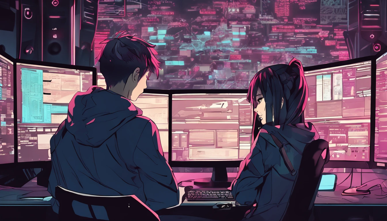 anime dark hacker den a young couple male and female work at a monitor