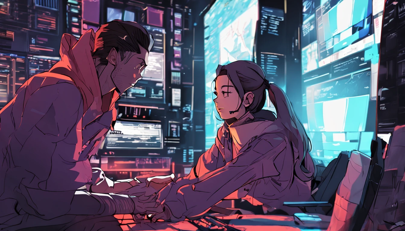 anime dark hacker den a young couple male and female work at a monitor