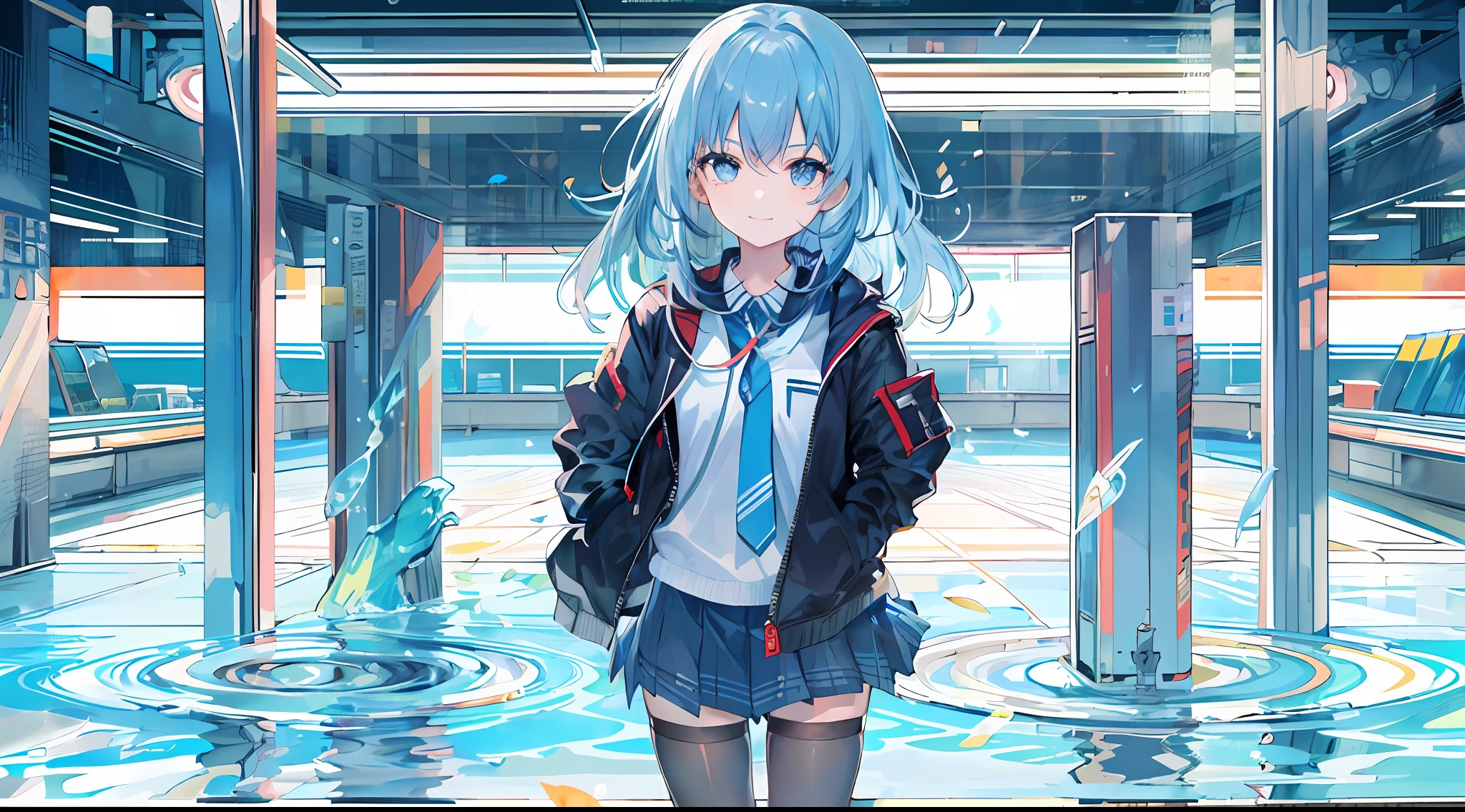 ((top-quality)), ((​masterpiece)), ((ultra-detailliert)), (extremely delicate and beautiful), girl with, 独奏, cold attitude,((Black jacket)),She is very(relax)with  the(Settled down)Looks,A dark-haired, depth of fields,evil smile,Bubble, under the water, Air bubble,bright light blue eyes,Inner color with light blue hair and dark blue tips,Cold background,Bob Hair - Linear Art, shortpants、knee high socks、White uniform like school uniform、Light blue ribbon ties、Clothes are sheer、Hands in pockets