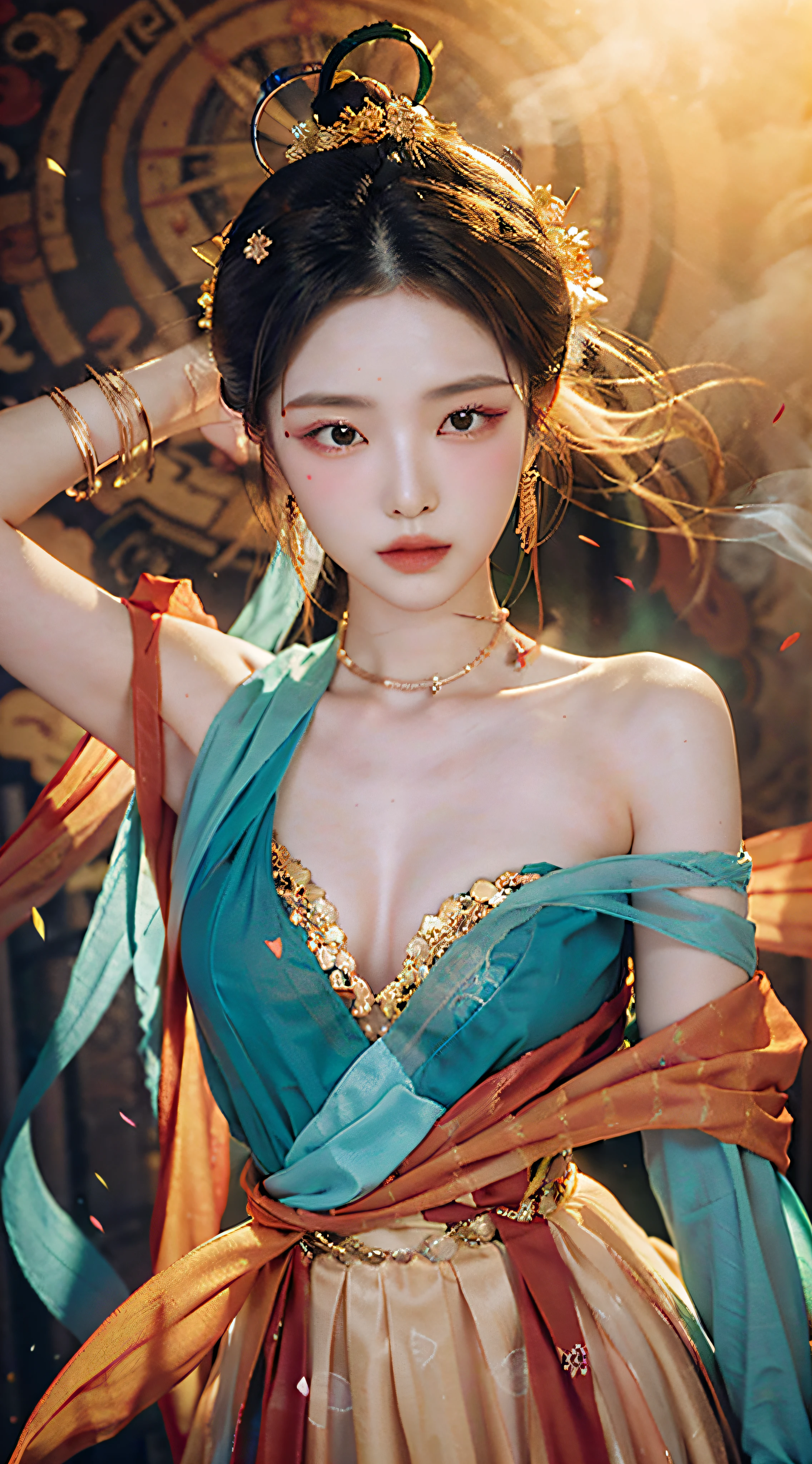 （8K，RAW photos，best qualtiy，tmasterpiece：1.2），（realisticlying，Photorealistic and realistic：1.4），（Very detailed CG unity 8K wallpaper），（1个Giant Breast Girl），Dance，dunhuang_dress，dunhuang_Style，dunhuang_Background， Gold ornaments，Ancient Chinese hairstyle，gossamer，Streamers，light make-up，eye shadows，Eyebrow nevi，（confront），dynamicposes，Background smoke surrounding，Red and green color scheme，Petals flying,the detail，jewelry，耳Nipple Ring，bangle，bshoulders，complex texture，Bust，Guqin，lute，Correct fingers，Five fingers