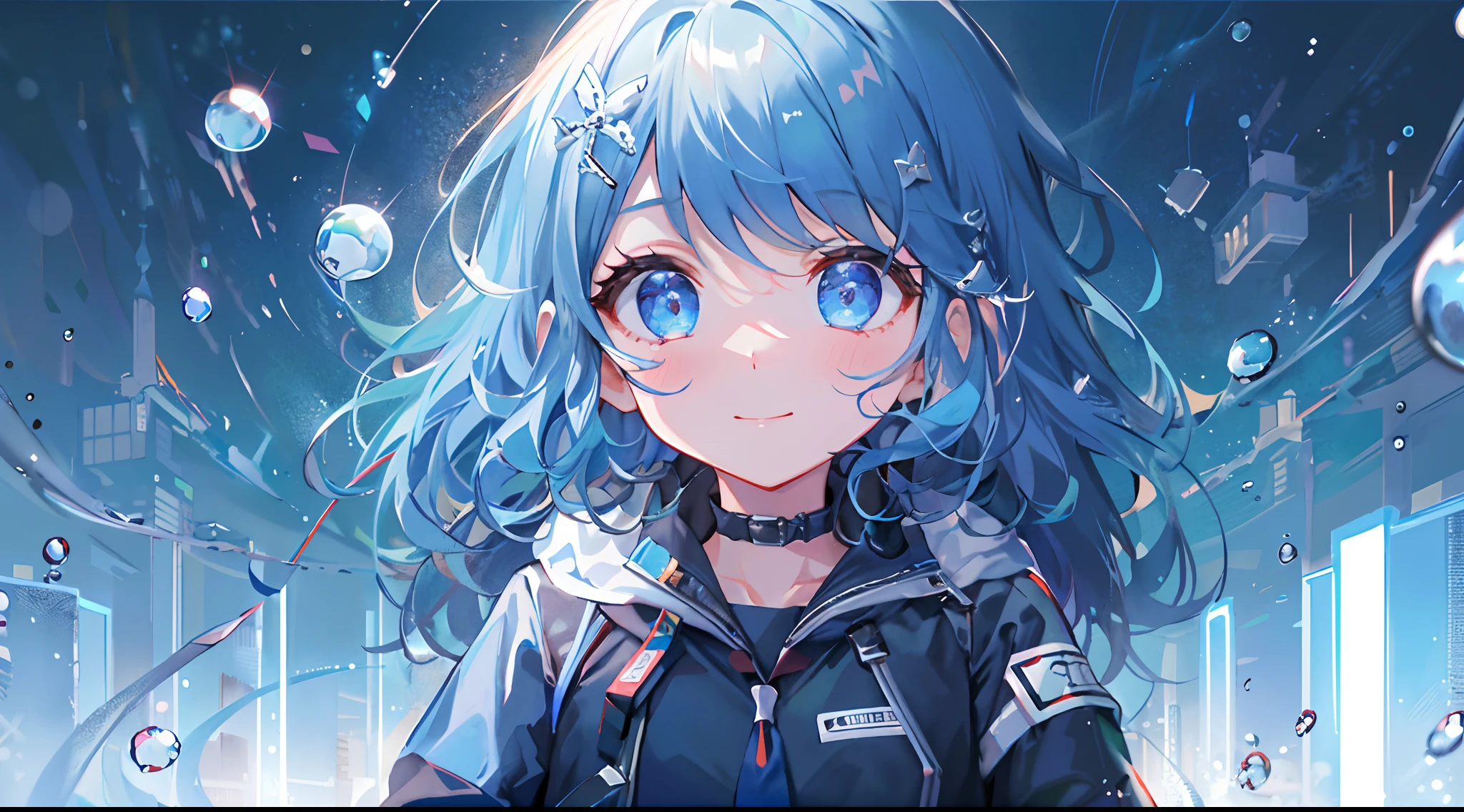 ((top-quality)), ((masterpiece)), ((ultra-detailliert)), (extremely delicate and beautiful), girl with, 独奏, cold attitude,((Black jacket)),She is very(relax)with the(Settled down)Looks,A dark-haired, depth of fields,evil smile,Bubble, under the water, Air bubble,bright light blue eyes,Inner color with light blue hair and dark blue tips,Cold background,Bob Hair - Linear Art, shortpants、knee high socks、White uniform like school uniform、Light blue ribbon ties、Clothes are sheer、Hands in pockets