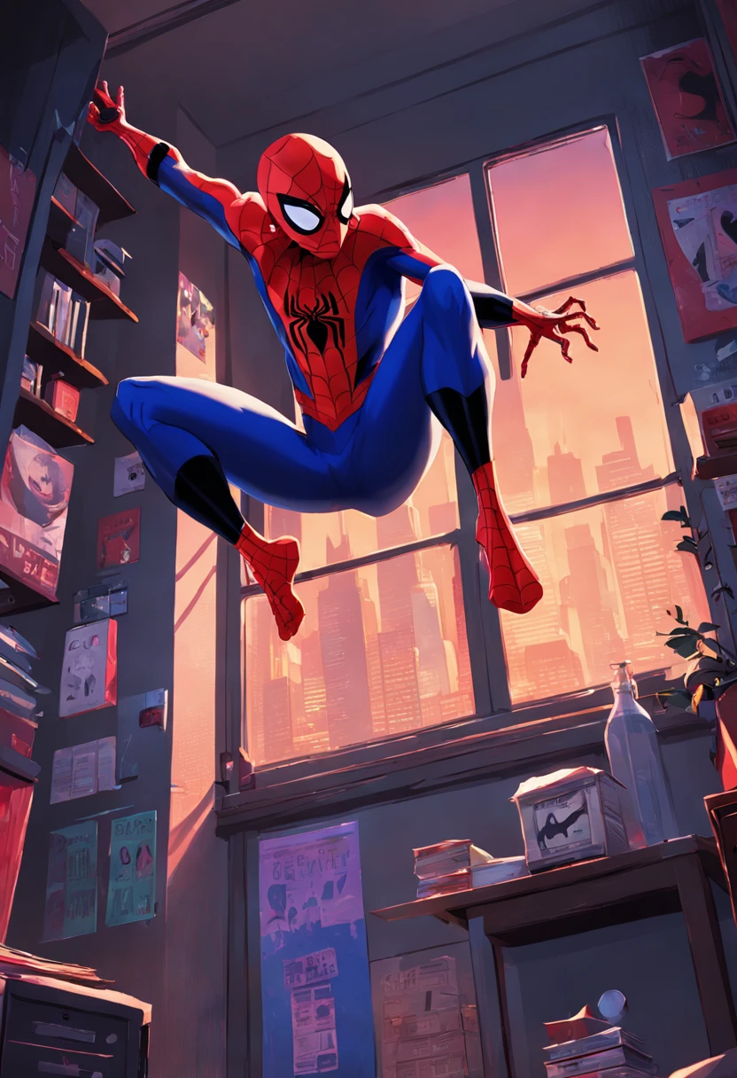 spiderman into spider verse style backgrounds of room