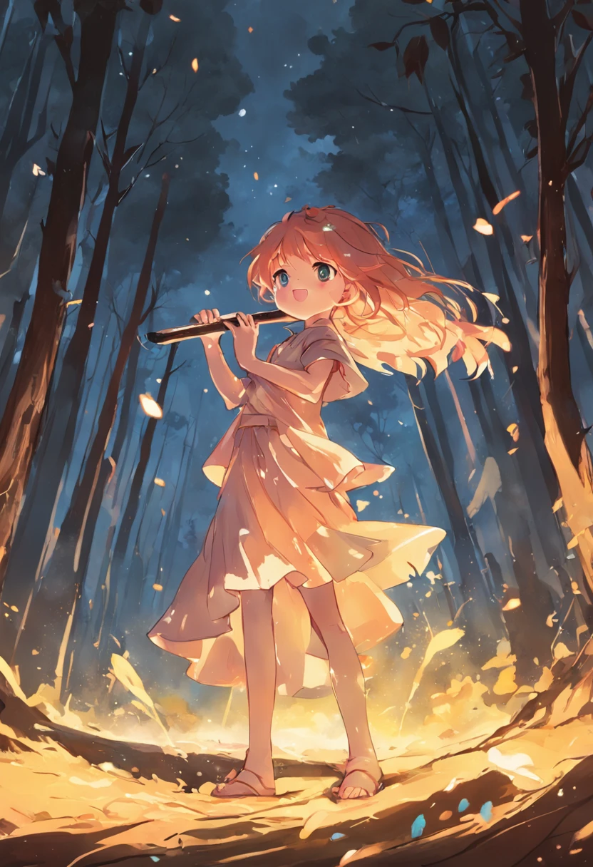 de 5 anos, cabelo longo, liso e preto, olhos brilhantes, utilizando roupas camponesa, Tocando flauta na floresta, Easy poses and axes, Pintura SNES