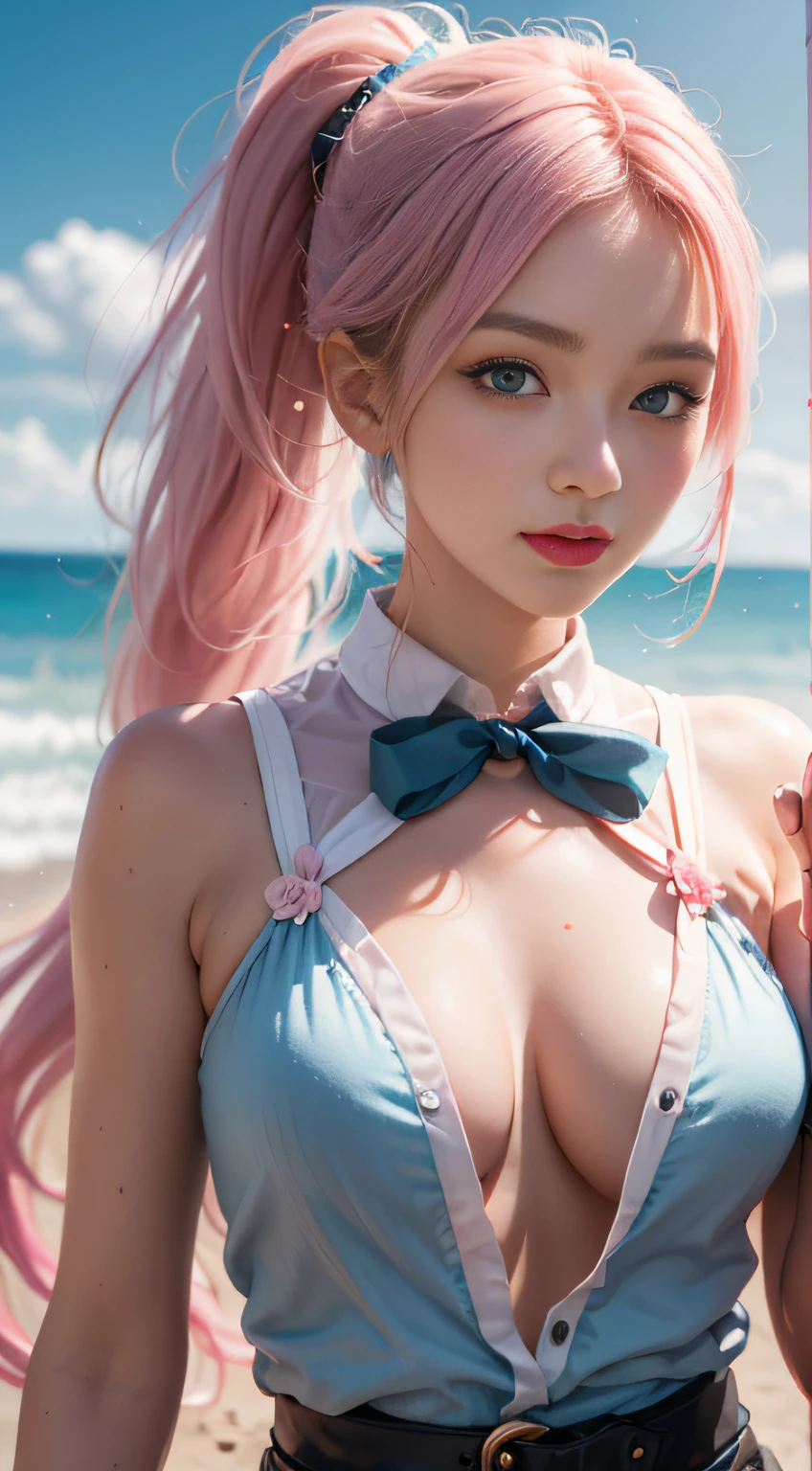 Long pink hair and double ponytail,The pupils of the eyes sparkle,Heterochromia,girl holding flowers,Petal texture depicted,sandbeach,Blue sky,baiyun,Light wind,Coquettish and cute expression,ultra HD wallpaper,3Drenderingof