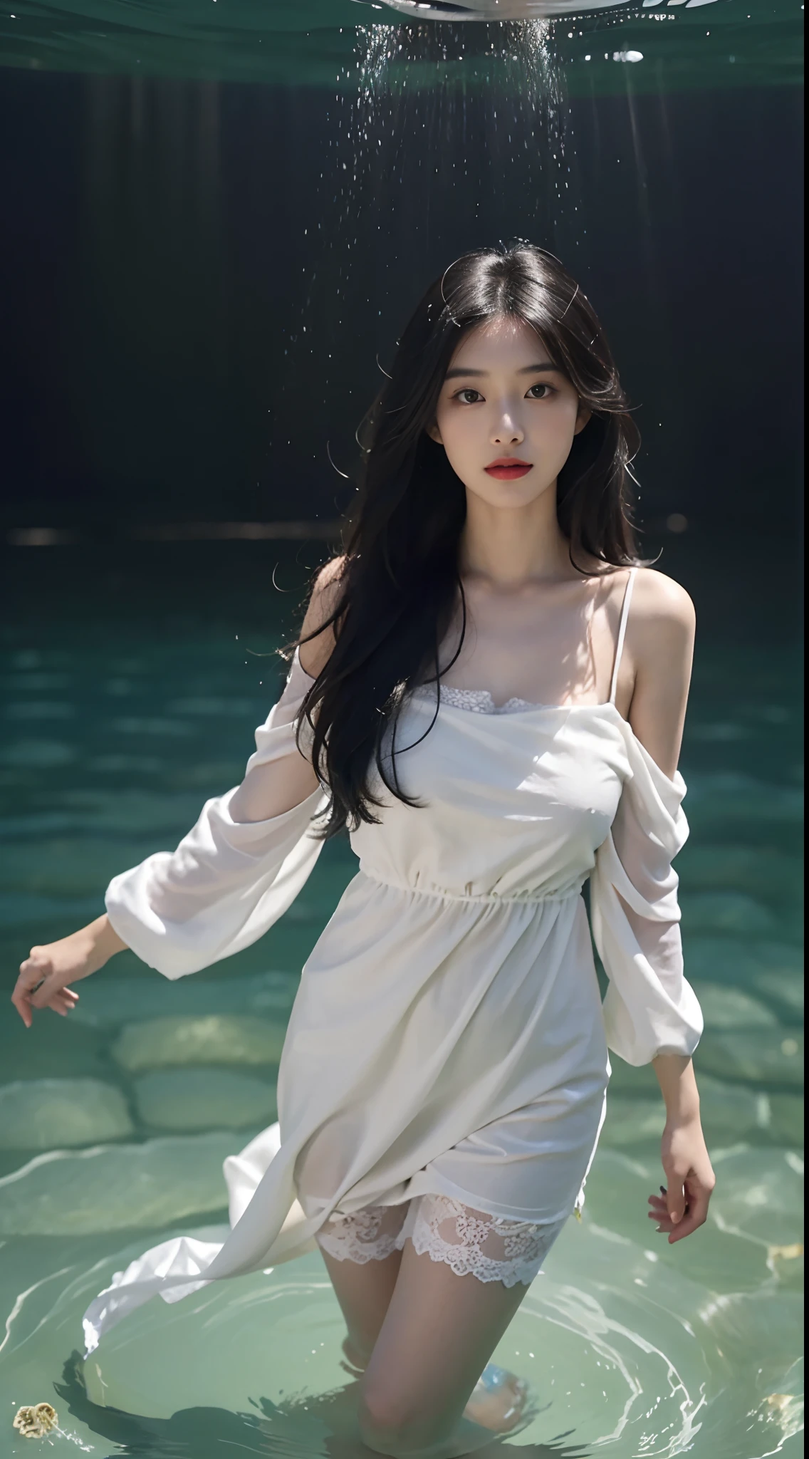 facing at camera，face to the viewer，standing on your feet，High picture quality，Works of masters，Kizi，Black hair，Long hair shawl，Long hair flowing over the shoulders，cropped shoulders，鎖骨，exquisite face，Hydrated red lips，White front buttoned lace-trimmed tulle butterfly dress，Hosiery，Expose calves，鎖骨，facing at camera，Single photo，Hosiery，A sad expression，Bust，Real Persono，swimmning，Stand in the water to expose your upper body（the sea），Maldives shoals，CG rendering，16k，looks into camera，The night view was beautiful，A sad parting，hyper HD，The details were perfect，The picture is real，Extreme picture quality，Highest accuracy，8K resolution，Shades of darkness，8K, Yes ,Ultra HD,8K