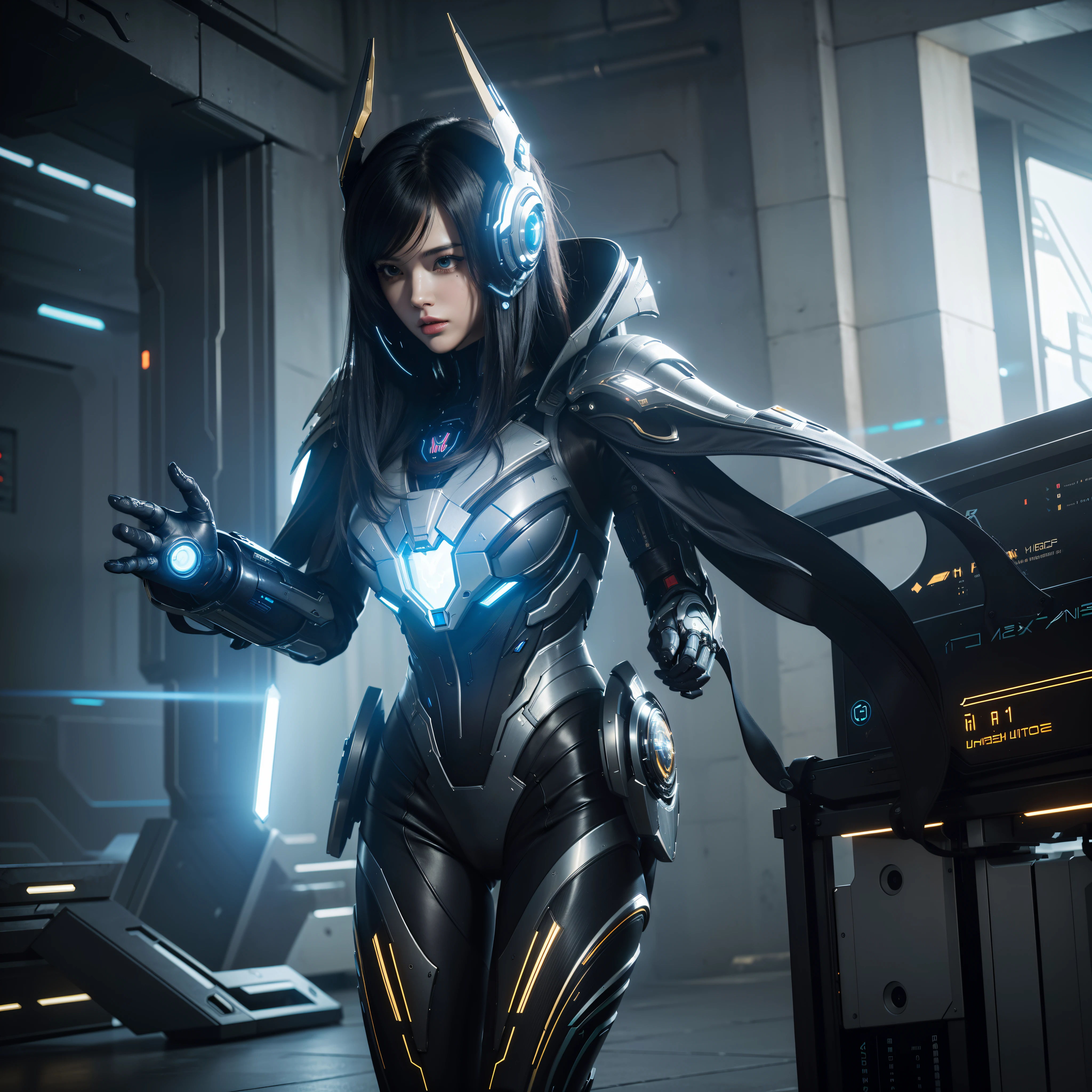 masterpiece, best quality, high quality, (futuristic:1.1), (cyberpunk clothes), cinematic lighting, (exquisite future), beautiful and aesthetic, ultra detailed, great composition, floating, depth of view, (extremely detailed CG, unity 16k wallpaper), (beautifully detailed background), beautiful hair details, mecha, WARFRAME, heavy metal, energy lines, prime, wisp prime