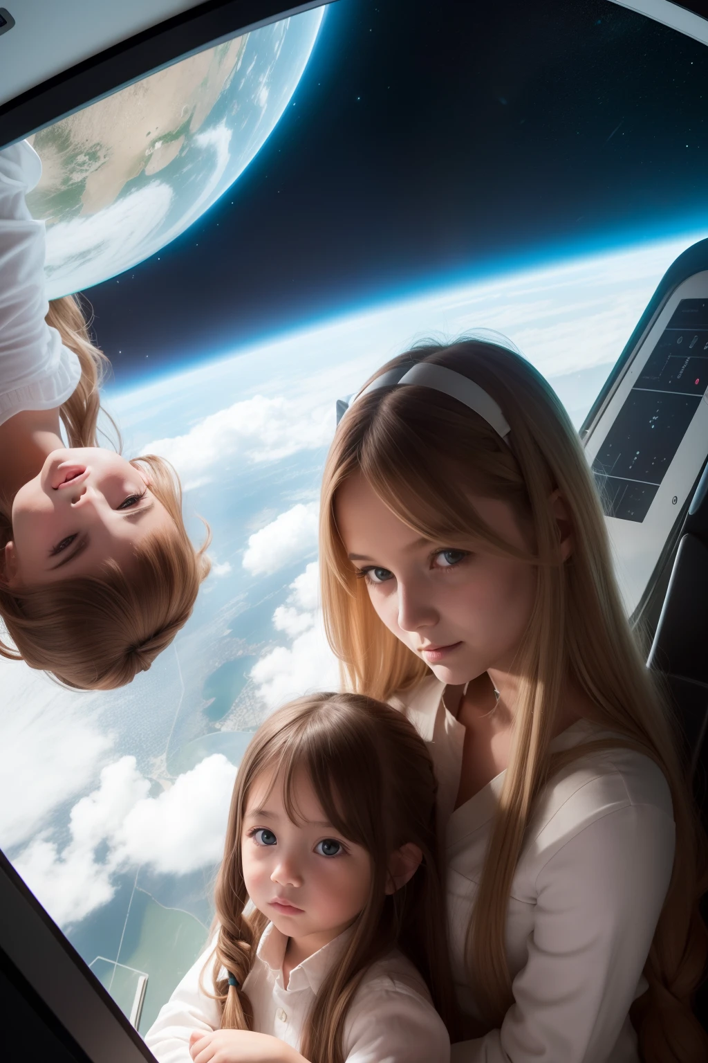 two  girls and a mother in a space station, a littlewith long blond hair, a little girl ong brown hair. Mom with long hair and dark green eyes