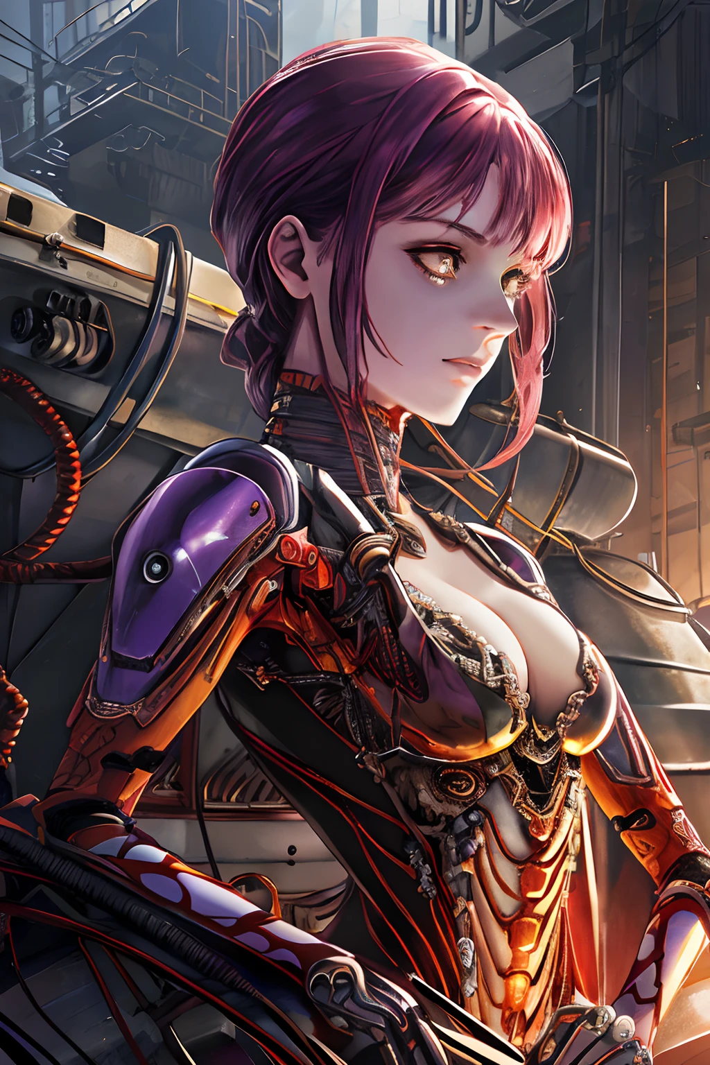 1 Mechanical Girl, (Ultra-realistic detail)), portrait, global illumination, shadows, octane rendering, 8K, ultra sharp, big, cleavage exposed raw skin, metal, intricate ornament details, cold colors, Egyptian details, very intricate details, realistic light, CGSoation trend, purple eyes, glowing eyes, facing the camera, neon details, mechanical limbs, blood vessels connected to tubes, mechanical vertebrae attached to the back, mechanical cervical attachment to the neck, sitting, wires and cables connecting to the head, Evangelion, small LED lamp,