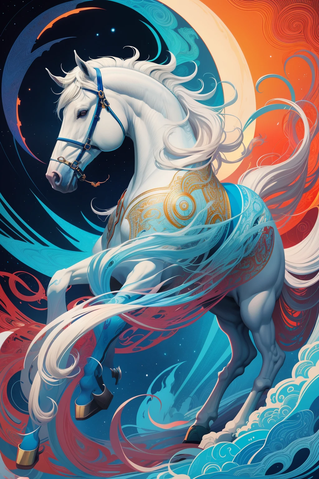 Painting of a white horse with a blue mane and red sun, jen bartel, mythological creatures, inspired by James Jean, ethereal fox, psychedelic illustrations, colorful flat surreal ethereal, james jean style, an illustration of inspired by Victo Ngai, A beautiful artwork illustration, author：Caroline Chariot-Dayez, intricate digital painting, victo ngai and tristan eaton