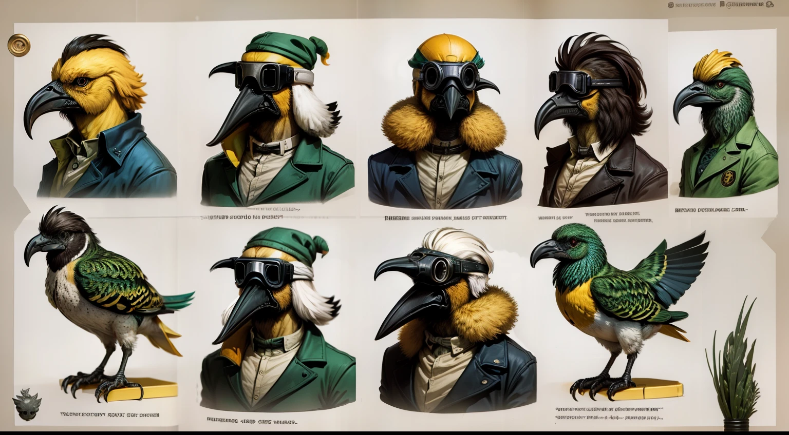 Bird-headed bird-beaked man，Wear round goggles，8 different birds