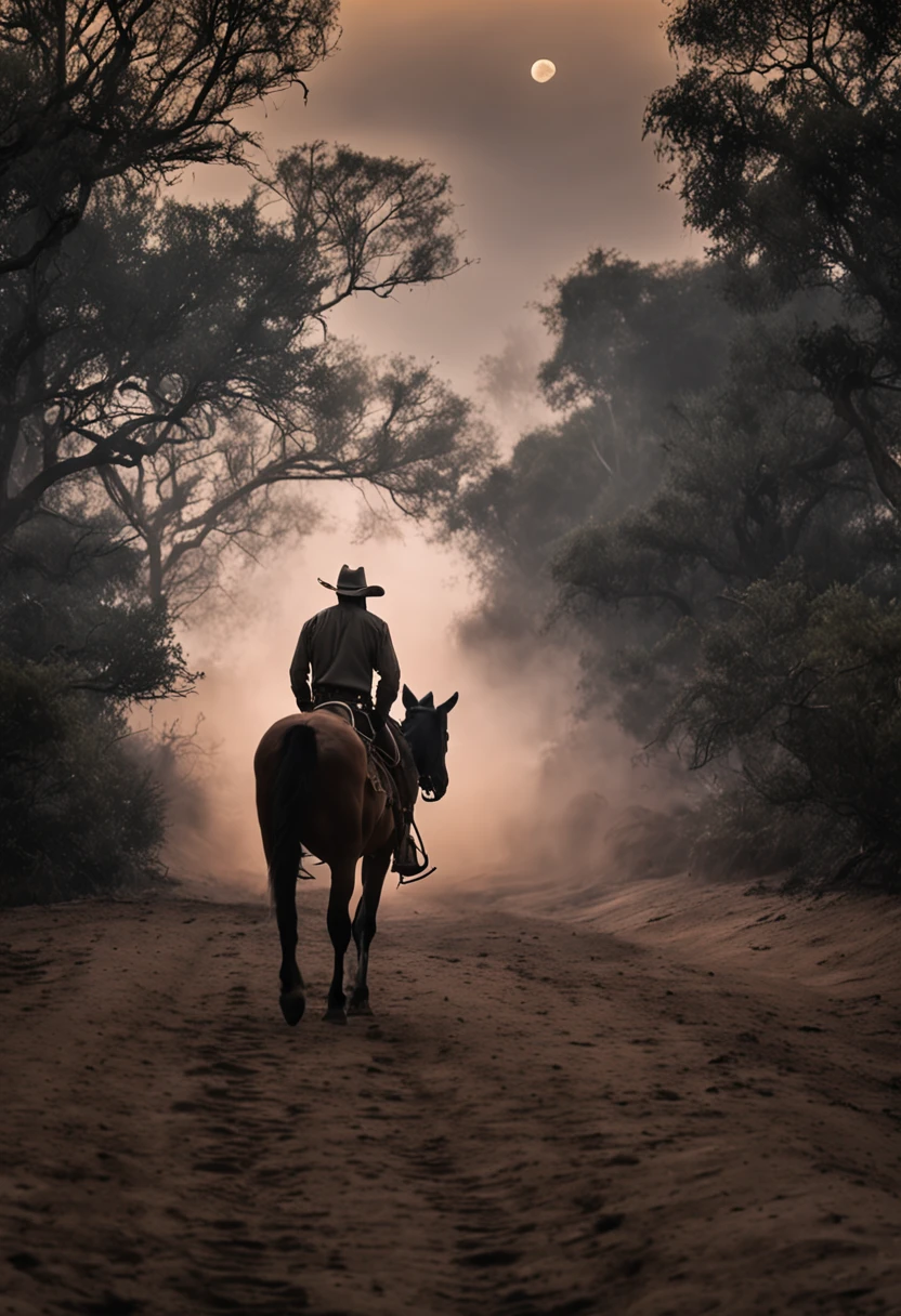 There is a man on a horse in front of a full moon, Andar a cavalo na lua, vaqueiro, Cowboy na Faixa, Back photo of a cowboy, No Velho Oeste, O Cowboy no Estranho Oeste, Velho Oeste, Lone guard, sonho de vaqueiro, quadrinhos ocidentais inspirados, lonely rider, Directed by: Cindy Wright, space western, Fotografia Moonwalker