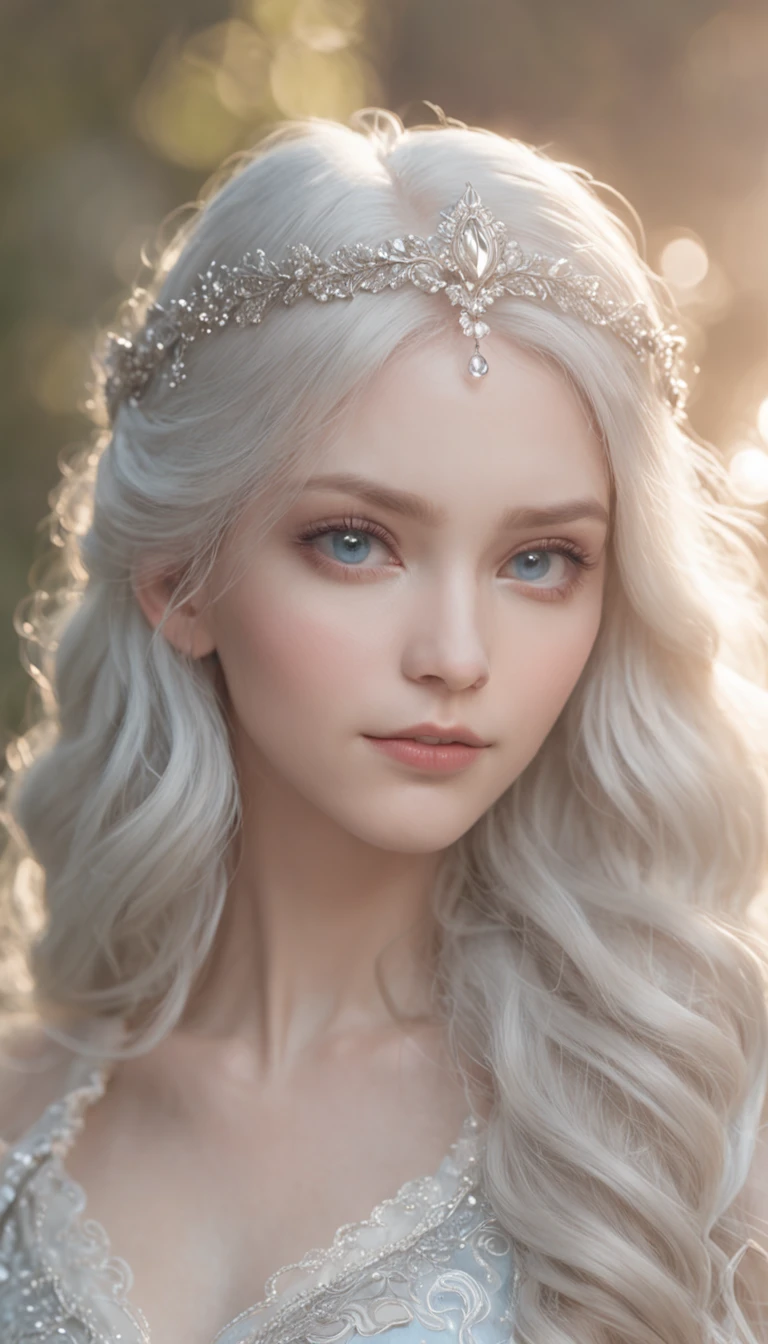 Illustration of the moonlight goddess,Delicate and dreamy,Mysterious light,The night is gentle,Silver hair flowing,Blue eyes,It's like a fairyland,romantic atmoshere