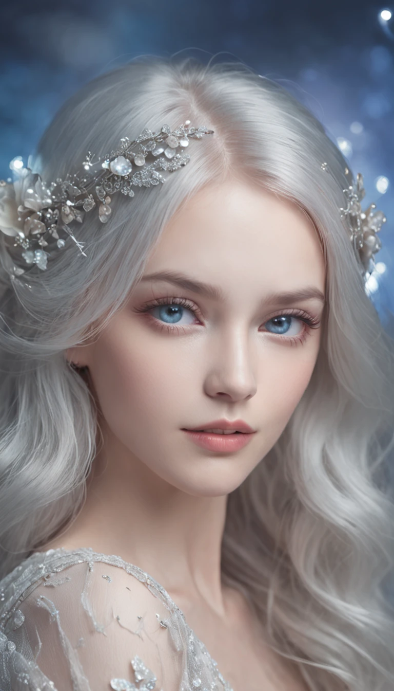 Illustration of the moonlight goddess,Delicate and dreamy,Mysterious light,The night is gentle,Silver hair flowing,Blue eyes,It's like a fairyland,romantic atmoshere