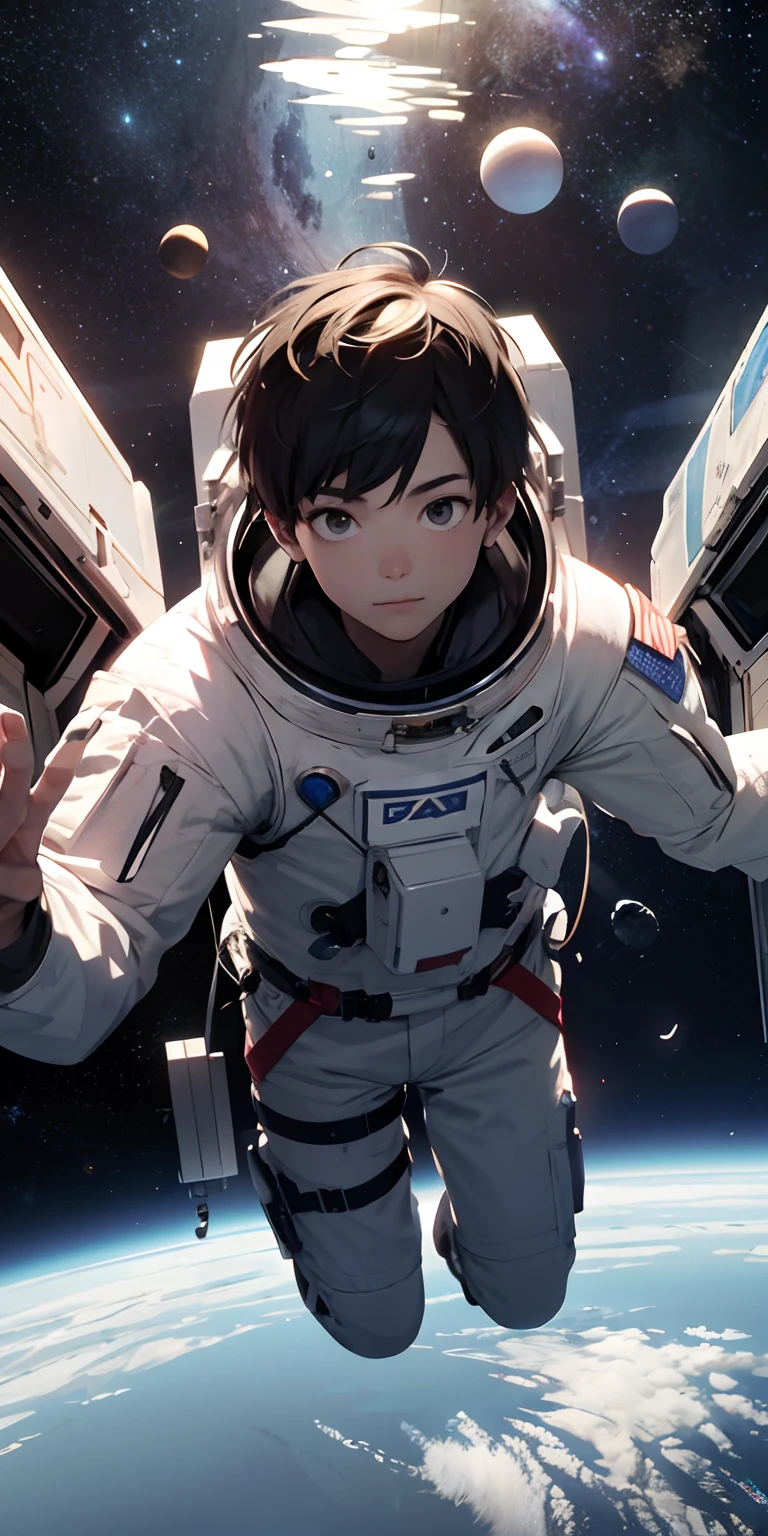 ridiculous resolution, high resolution, (masterpiece:1.4), super detailed, 1boy, seen from above, space, floating, --v 6