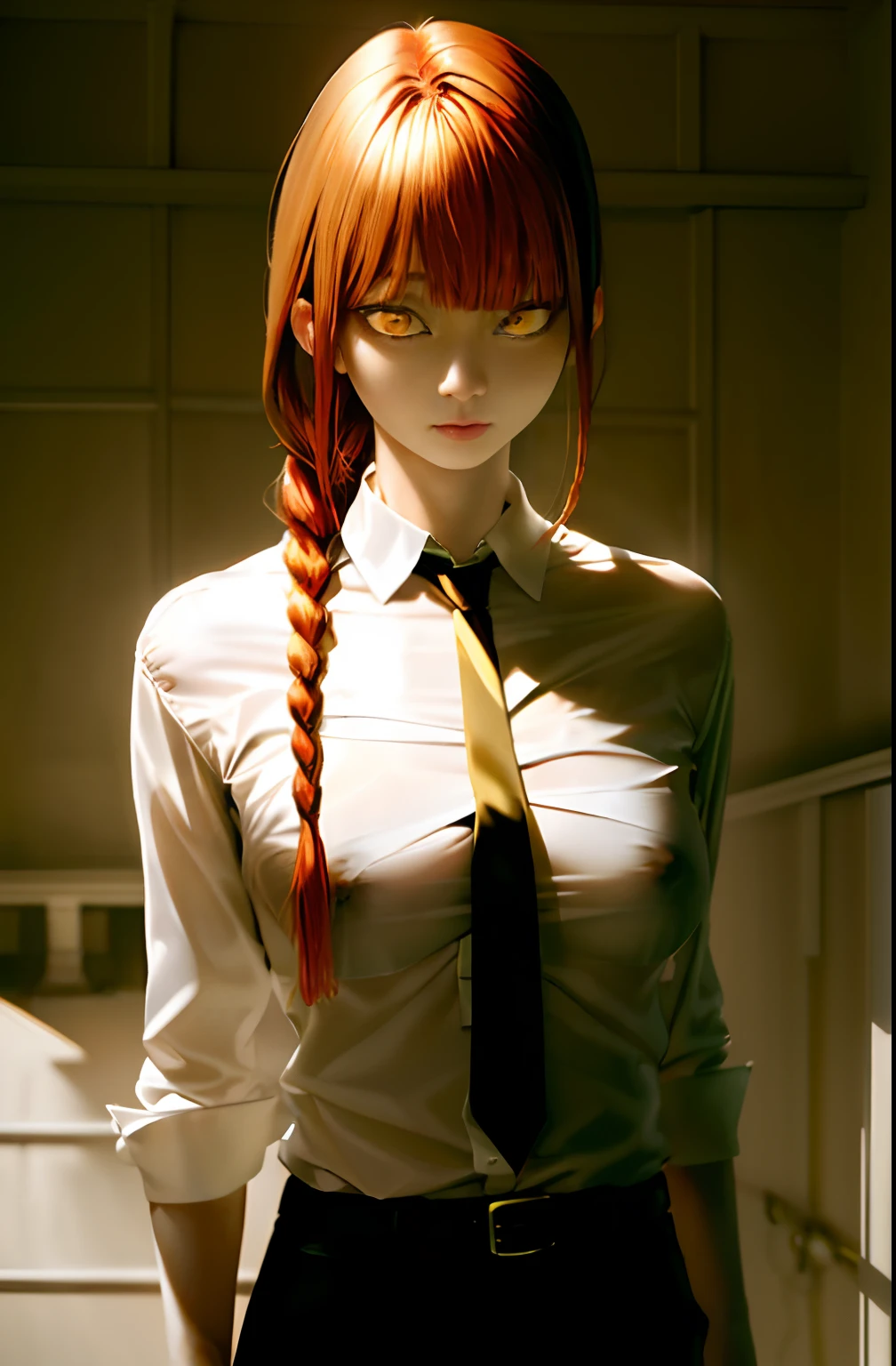 masterpiece, (photorealistic:1.4), best quality, beautiful lighting,
(ulzzang-6500:0.5), makima \(chainsaw man\), (red hair)+(long braided hair)+(bangs), yellow eyes, golden eyes, ((ringed eyes)), (white shirt), (necktie),(thin),(slender),(small breast)
RAW photo, 8k uhd, film grain
