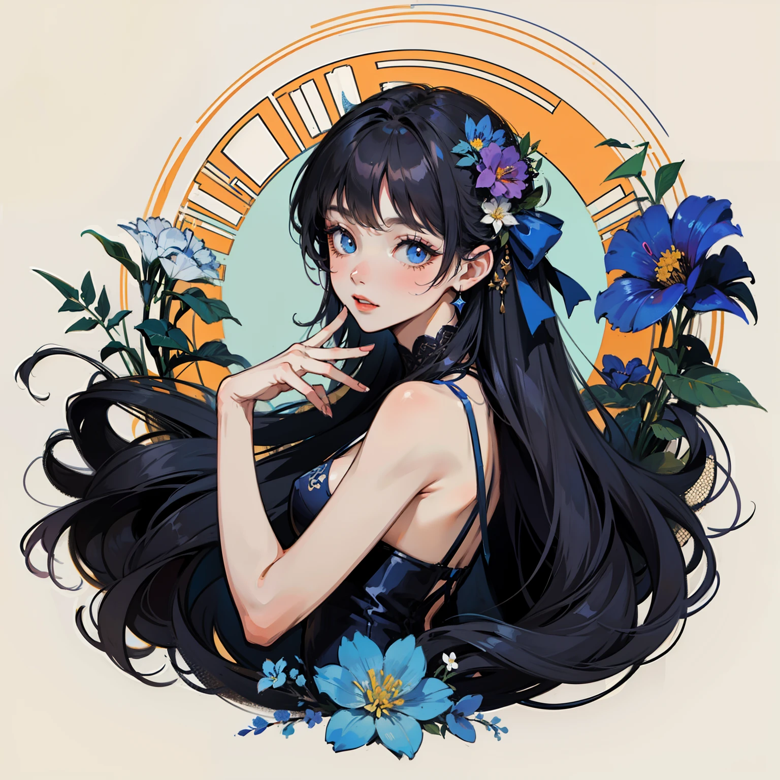 masterpiece, best quality, 1girl, flowers, flat color, lineart, ornate, blue theme , left side