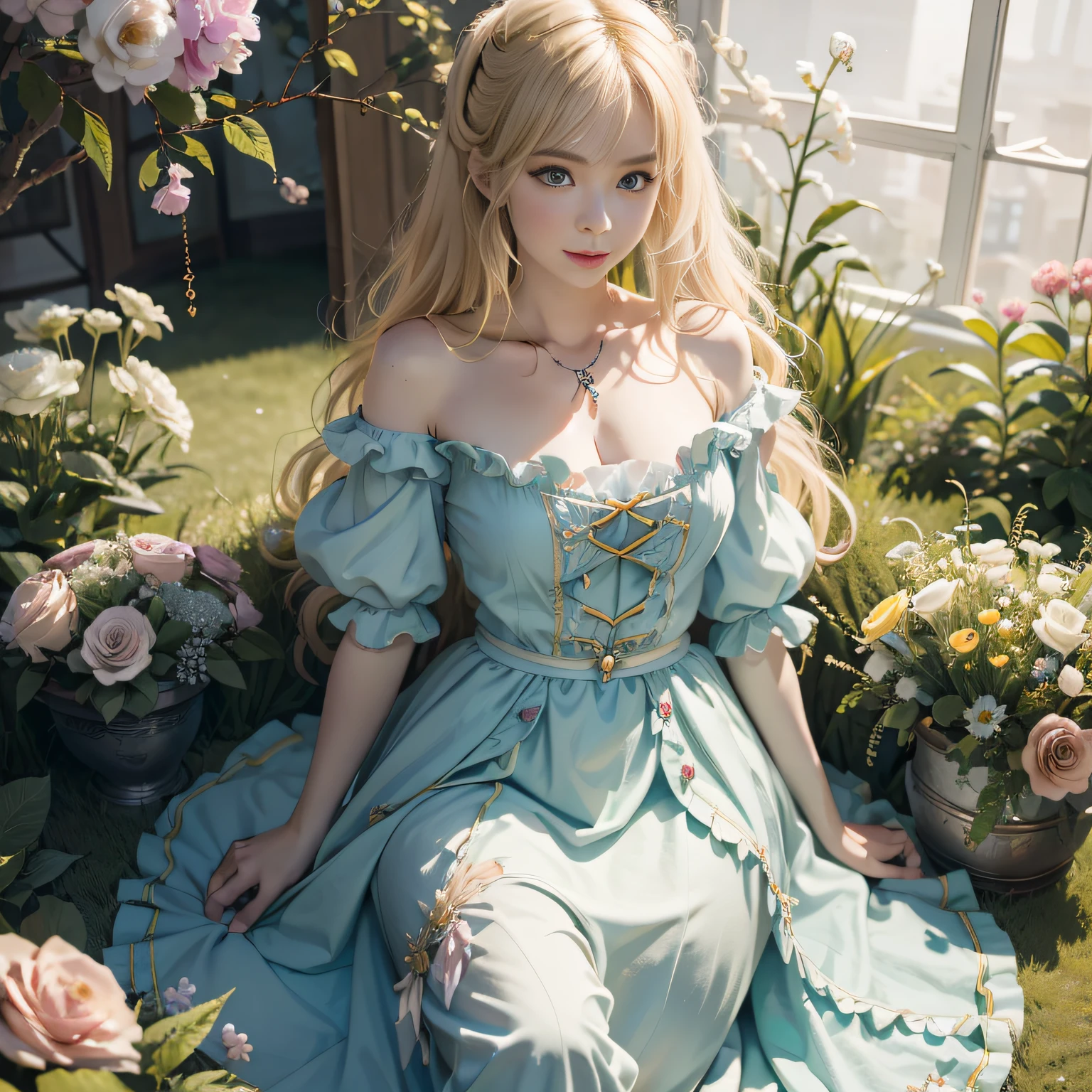 The blonde Alice from Alice in Wonderland is in another world called flowers, Alice in Hualan, Dreamy, fantasy, Alice a lot of details, Beautiful,