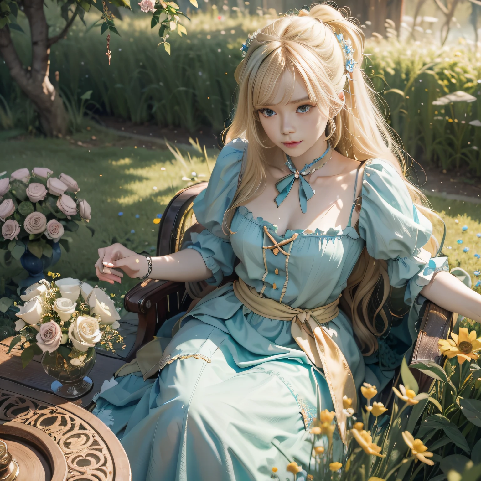 The blonde Alice from Alice in Wonderland is in another world called flowers, Alice in Hualan, Dreamy, fantasy, Alice a lot of details, Beautiful,