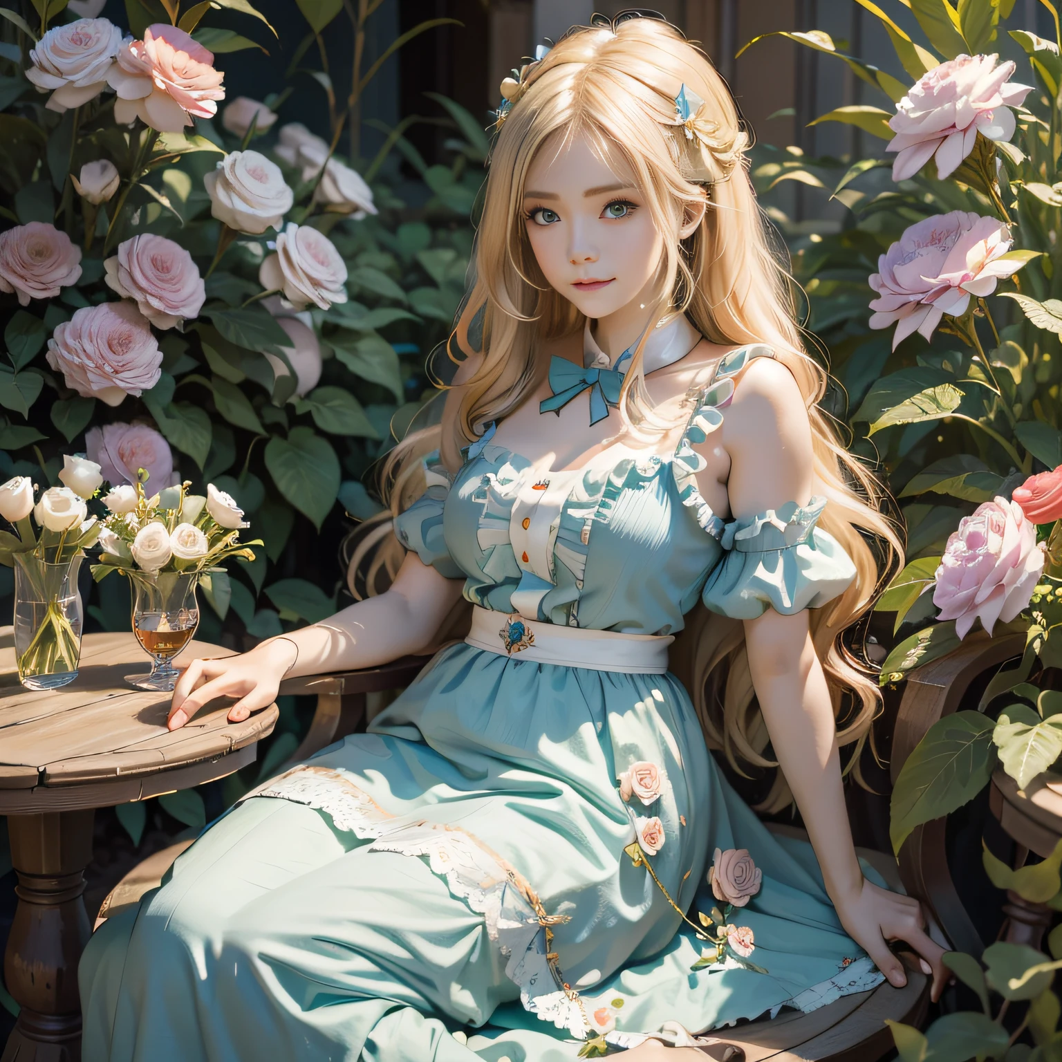 The blonde Alice from Alice in Wonderland is in another world called flowers, Alice in Hualan, Dreamy, fantasy, Alice a lot of details, Beautiful,