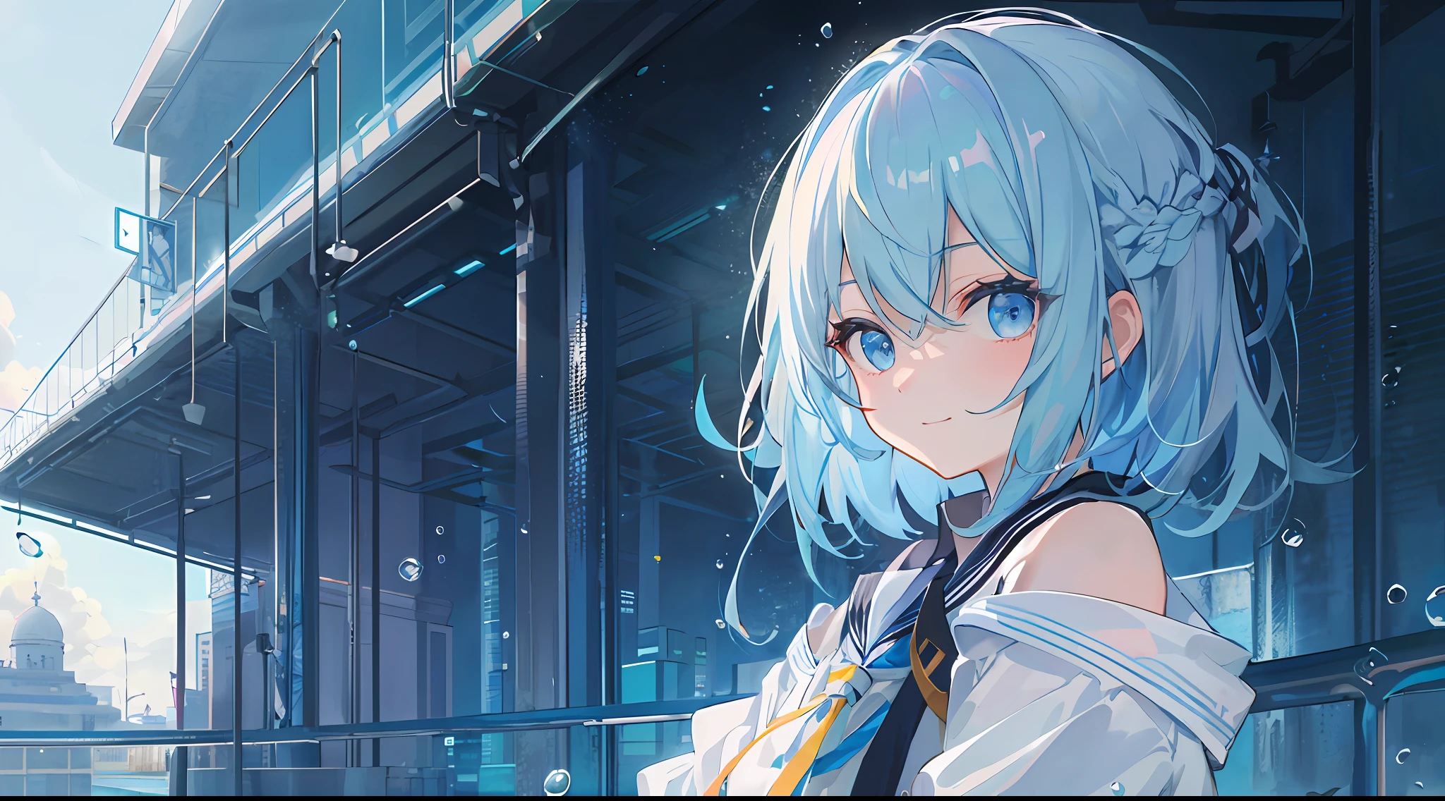 ((top-quality)), ((​masterpiece)), ((ultra-detailliert)), (extremely delicate and beautiful), girl with, 独奏, cold attitude,((Black jacket)),She is very(relax)with  the(Settled down)Looks,A dark-haired, depth of fields,evil smile,Bubble, under the water, Air bubble,bright light blue eyes,Inner color with light blue hair and dark blue tips,Cold background,Bob Hair - Linear Art, shortpants、knee high socks、White uniform like school uniform、Light blue ribbon ties、Clothes are sheer、Hands in pockets