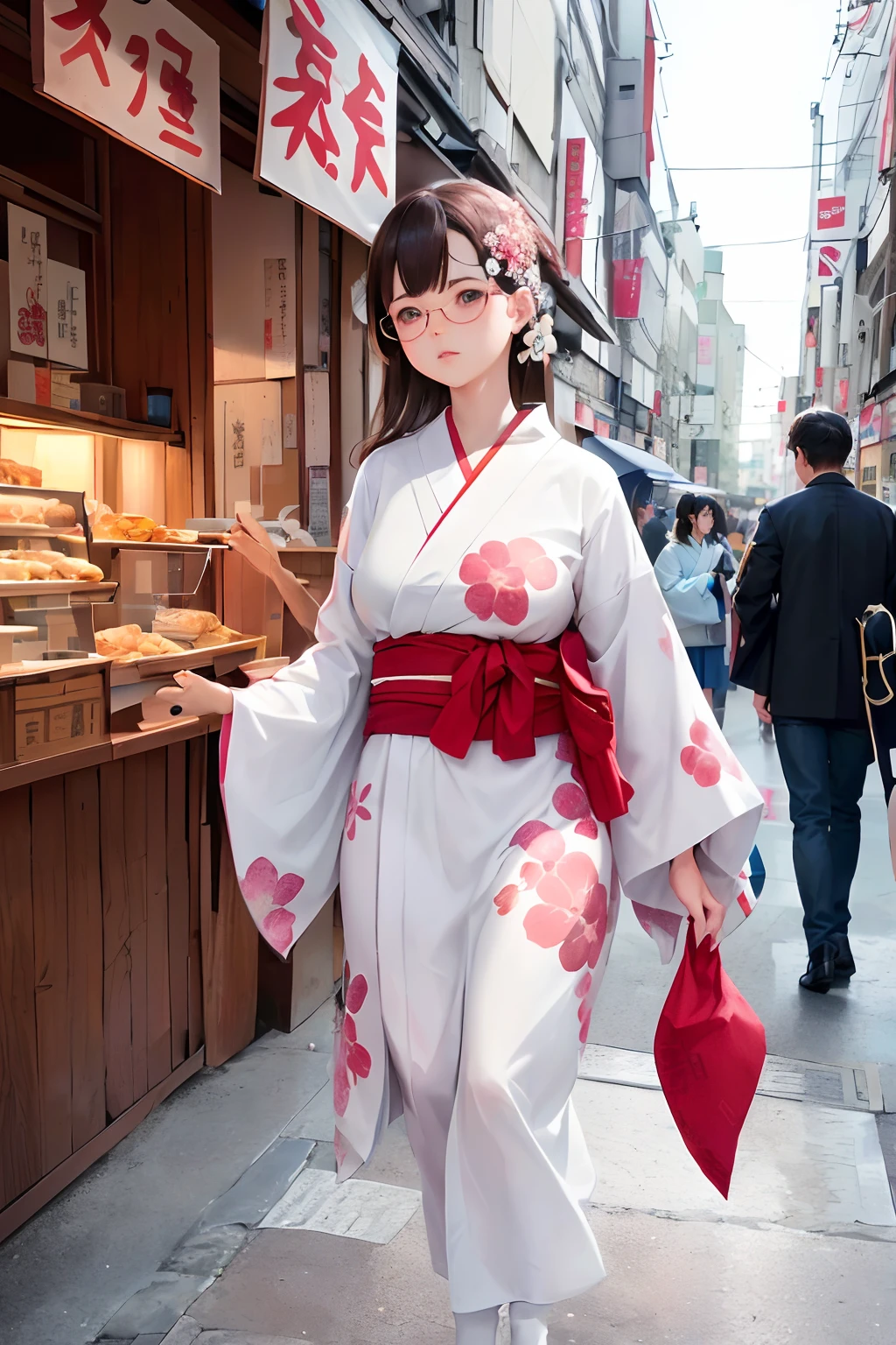 Woman in kimono walking in front of bakery, Walk gracefully in a white kimono with prints、Young Russian woman wearing glasses、Female in her 20s living in Russia、Girl with brown hair、Girl with gray eyes、in a tokyo street, wearing a haori, In the streets of Tokyo, Wearing a colorful yukata, Wearing kimono, japanese street, in front of ramen shop, old japanese street market, Wearing Hakama, in a kimono, japanese downtown, tokyo izakaya scene、Tourists are walking in front of them、(incredively_absurderes,Huge_filesize:1.37),(​masterpiece:1.37),(top-quality:1.37),(realisitic,Photorealsitic:1.2),Ray traching,Realistic lighting,(illuminations,Glow),((film grains:1.37)),(Exquisite details and textures:1.2),(8K分辨率:1.2),(ultra -detail:1.2),(Sharp Focus 1.2),(Raw photography:1.0),(ulzzang -6500-v1.1:1.2),(Beautiful Detail Face、Beautiful Detail Eye、 radiant eyes、long eyeslashes、blush of the nose:1.2)、mix4、JWY1,20d、light brown hair、Gray eyes、((((perfect anatomia))))、viewer、Ceremony、1girl in、独奏、a beauty girl、(Neat hairstyles)、High class、(A slender:1.37)、(Other knee socks:1.2)、(Beauty slim legs:1.15)、(Face of a Russian girl)、(Natural glowing skin:1)、(、(Detailed natural skin、detailed skin textures、Detailed brown hair、Gray eyes rendered in detail、Random Hair Styles)、Facial light、(ciinematic light)、lensflare、Shade、Back lighting