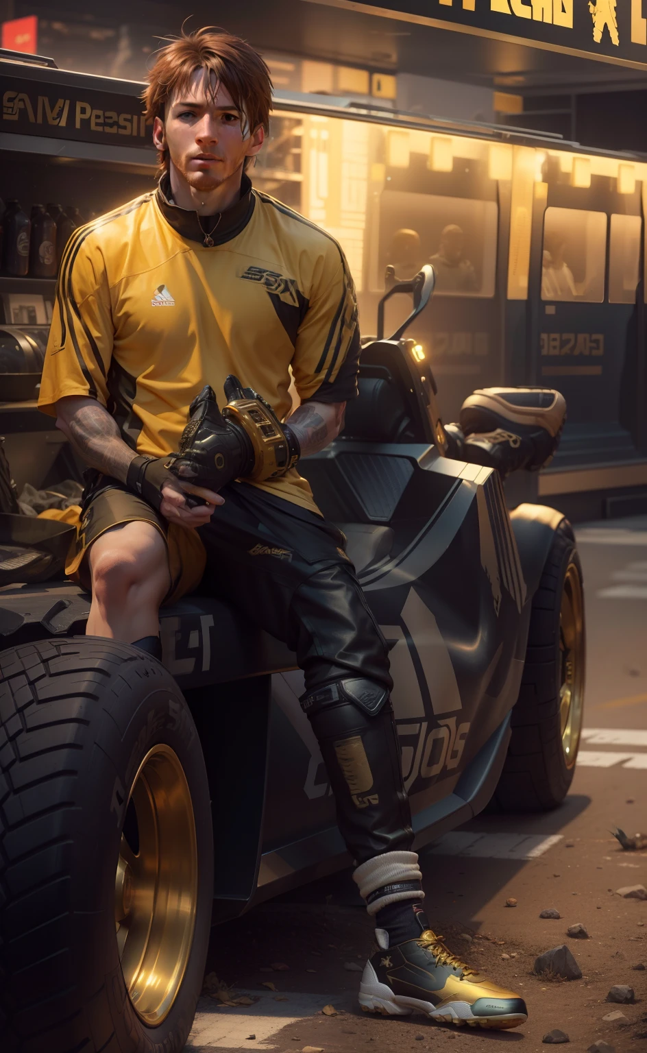 Change messi to a cyberpunk with brown haircolour and holding a pair of golden boots and he wear a Football pants