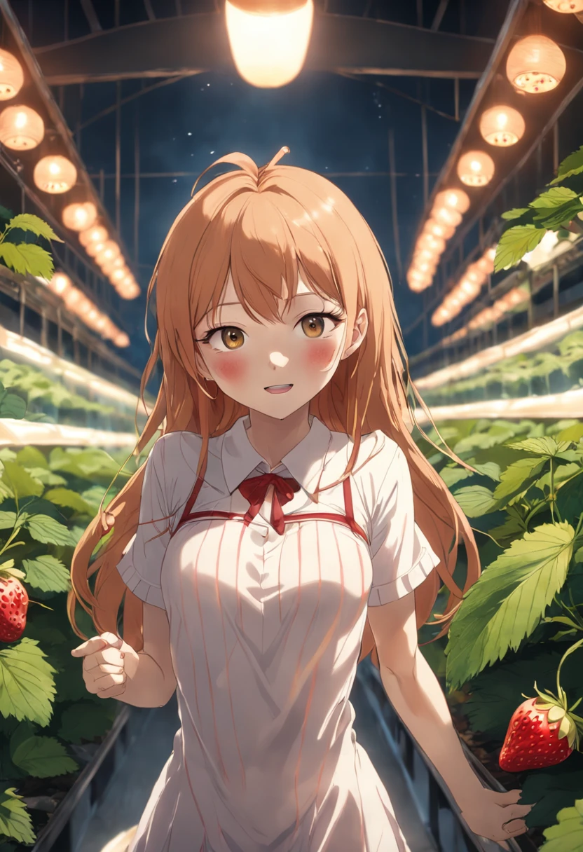 Natural strawberry blonde and redhead girl with beautiful face, Cute pose, cheerfulness, Petite body, Skinny, Atmospheric, dark ambiance, Edge lighting, Mao Akiyama、Aya Yamamoto、Matsui Domarina、Asuka Saito、Facial features of Mayo Akiyama, 8K, , Full body portrait, elegant, Natural lighting, Greenhouse of horror at night, Sharp focus, Very detailed face, Beautiful face, Smiling, cheerfulness, 64k, hyper HD, B cup, Beautiful soft skin, Vibrant, skin, Photorealism