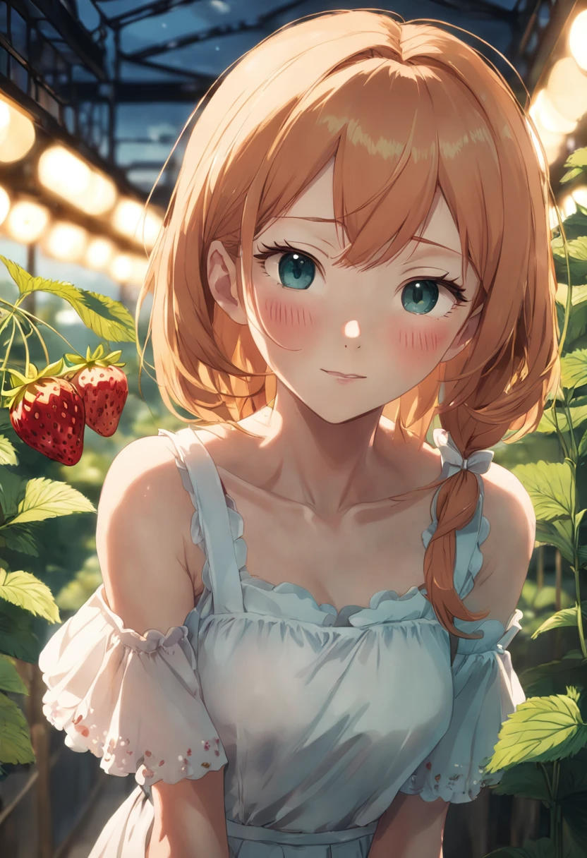 Natural strawberry blonde and redhead girl with beautiful face, Cute pose, cheerfulness, Petite body, Skinny, Atmospheric, dark ambiance, Edge lighting, Mao Akiyama、Aya Yamamoto、Matsui Domarina、Asuka Saito、Facial features of Mayo Akiyama, 8K, , Full body portrait, elegant, Natural lighting, Greenhouse of horror at night, Sharp focus, Very detailed face, Beautiful face, Smiling, cheerfulness, 64k, hyper HD, B cup, Beautiful soft skin, Vibrant, skin, Photorealism