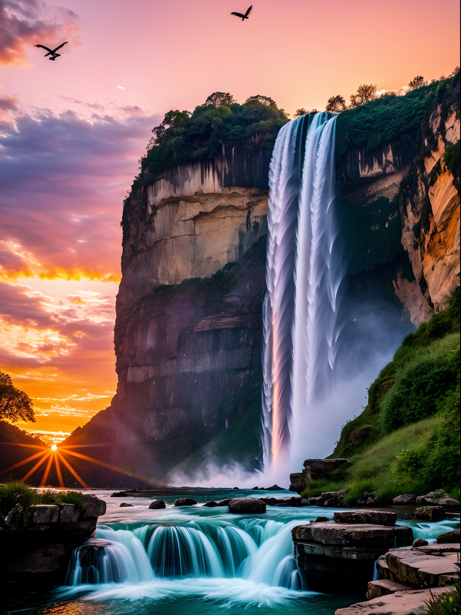 protrait, photography of, Hermaphroditic landscape, Birds fly through the waterfall , With brilliant sunsets