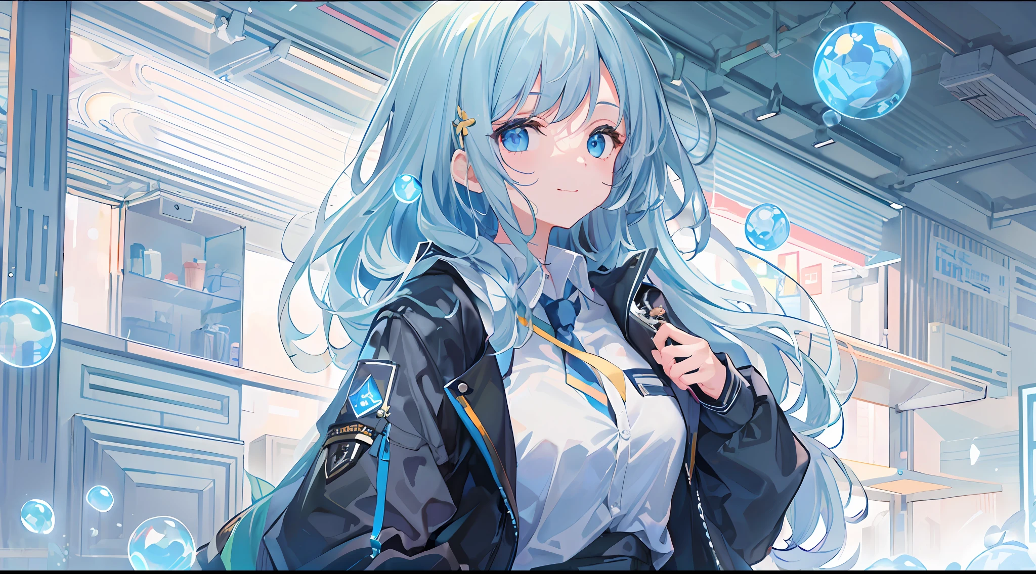 ((top-quality)), ((masterpiece)), ((ultra-detailliert)), (extremely delicate and beautiful), girl with, 独奏, cold attitude,((Black jacket)),She is very(relax)with the(Settled down)Looks,A dark-haired, depth of fields,evil smile,Bubble, under the water, Air bubble,bright light blue eyes,Inner color with light blue hair and dark blue tips,Cold background,Bob Hair - Linear Art, shortpants、knee high socks、White uniform like school uniform、Light blue ribbon ties、Clothes are sheer、Hands in pockets
