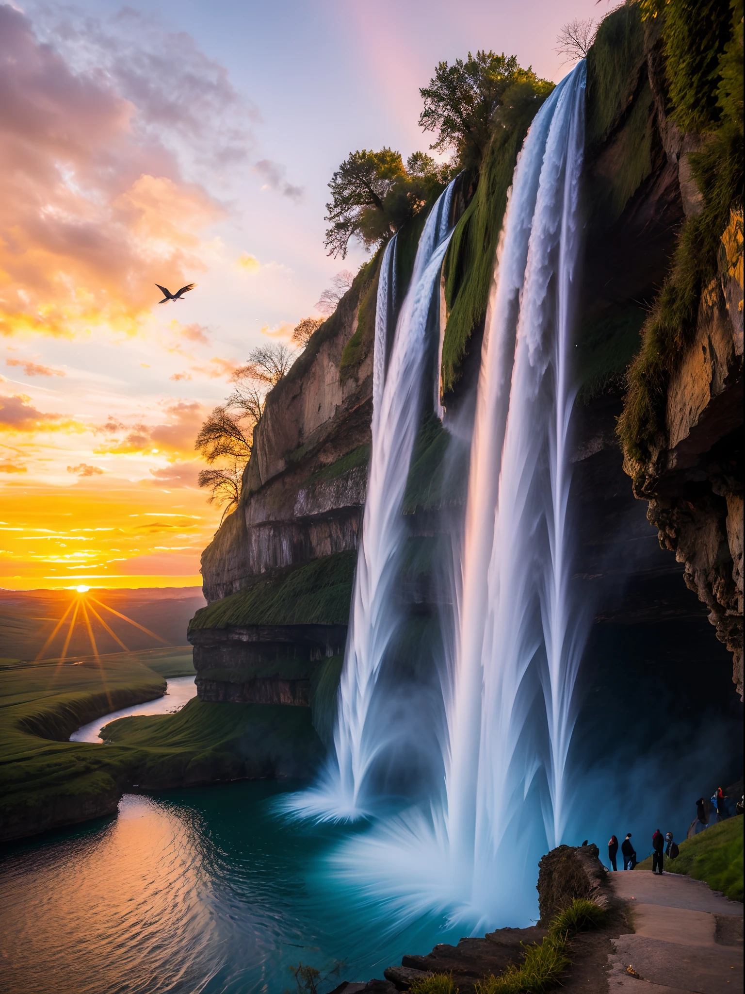 protrait, photography of, Hermaphroditic landscape, Birds fly through the waterfall , With brilliant sunsets