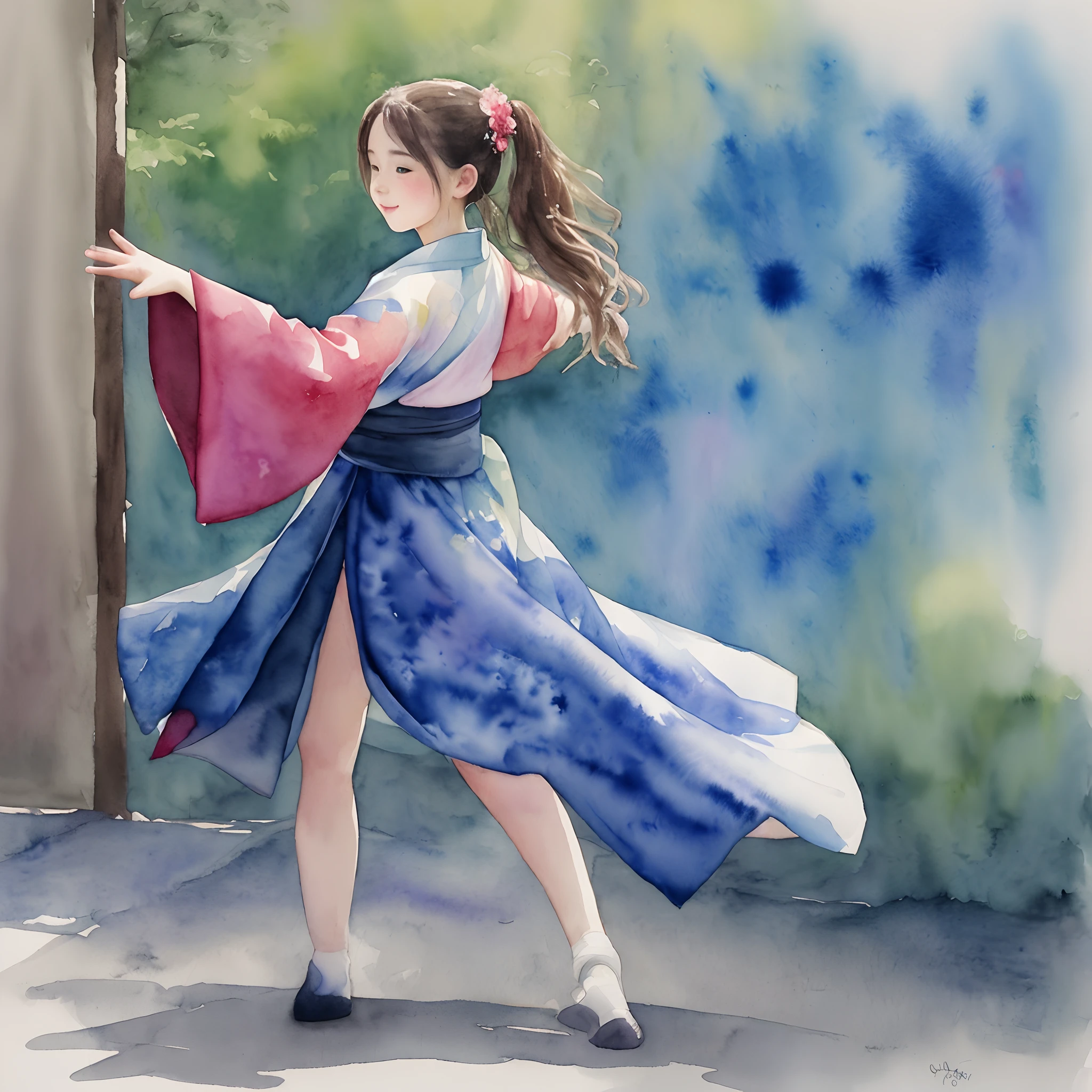 Watercolor painting 15-year-old girl dancing in a kimono
