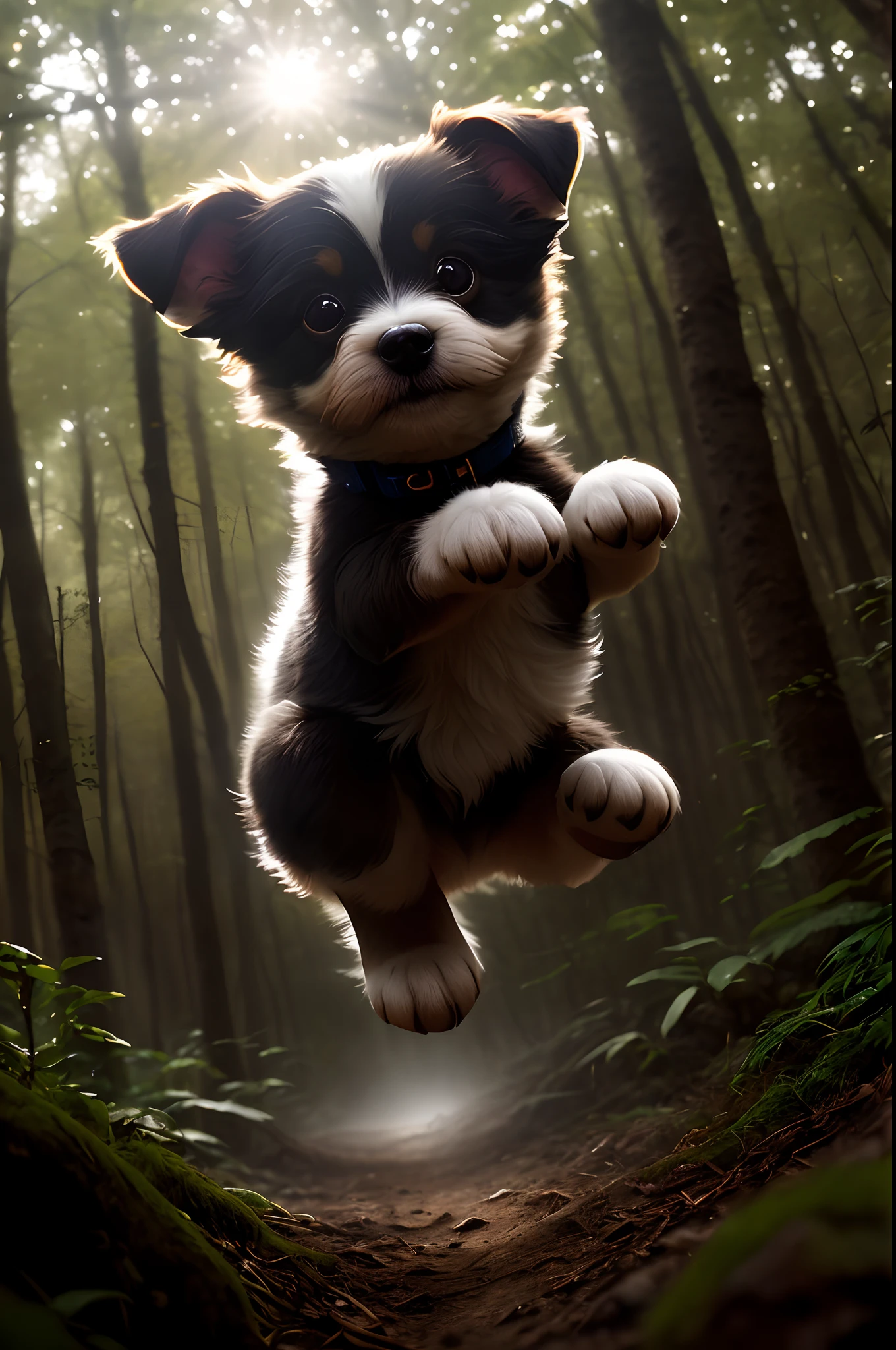 close up photo of a very cute jumping puppy in the forest, look at a camera, soft volumetric lights, (backlit:1.3), (cinematic:1.2), intricate details, (ArtStation:1.3), Rutkowski