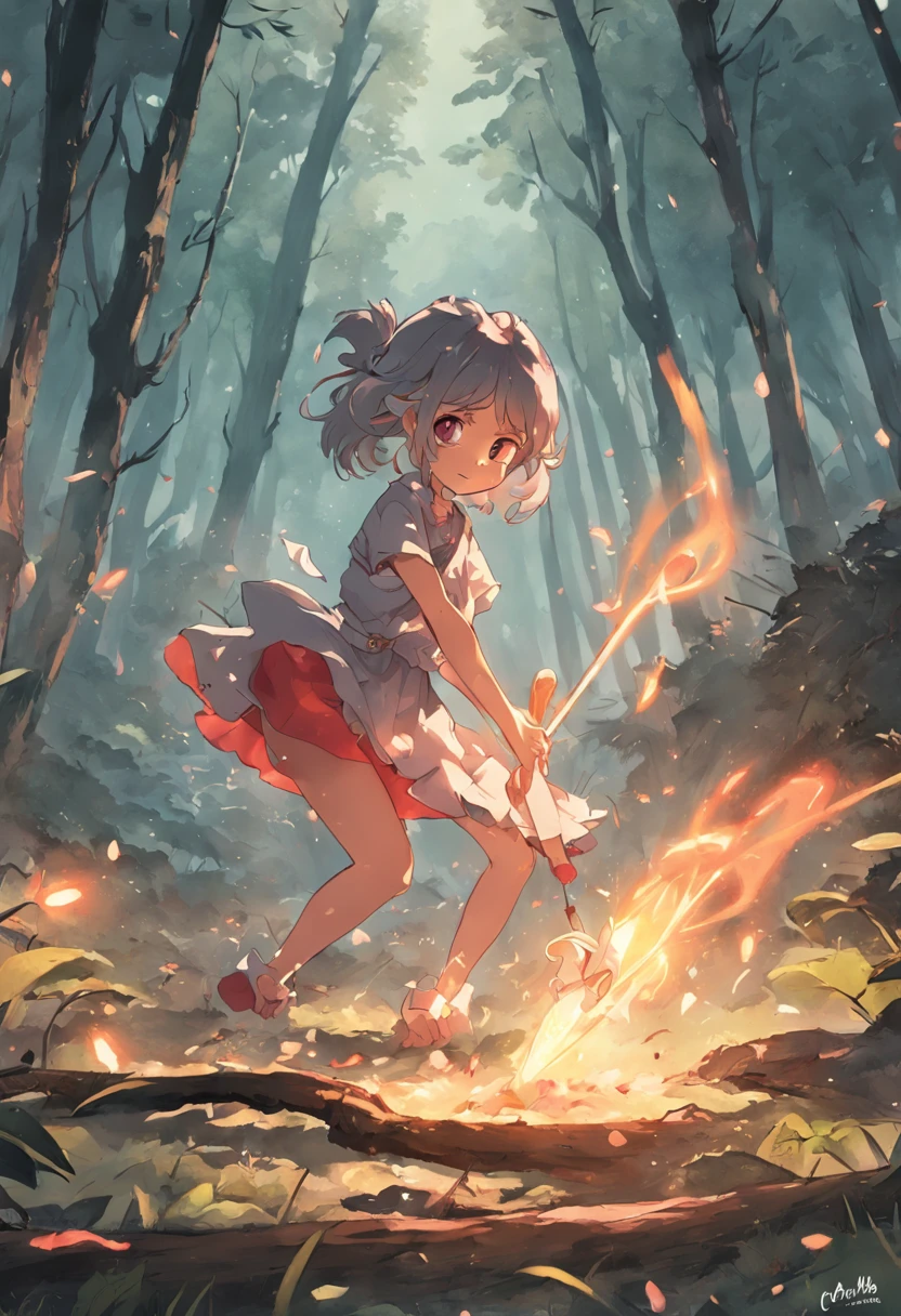 Menina de 5 anos, cabelo longo, liso e preto, olhos brilhantes, utilizando roupas camponesa, Tocando tambor na floresta, Easy poses and axes, Pintura SNES